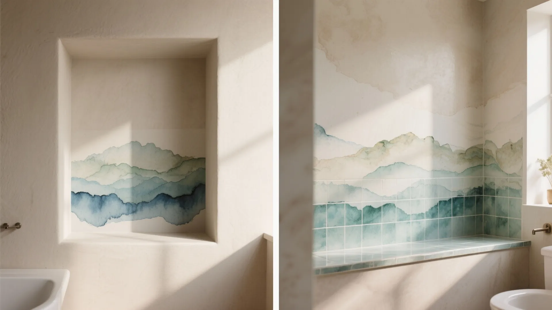 Modern bathroom niche featuring a mountain watercolor pattern on tiles with soft natural sunlight and shadows