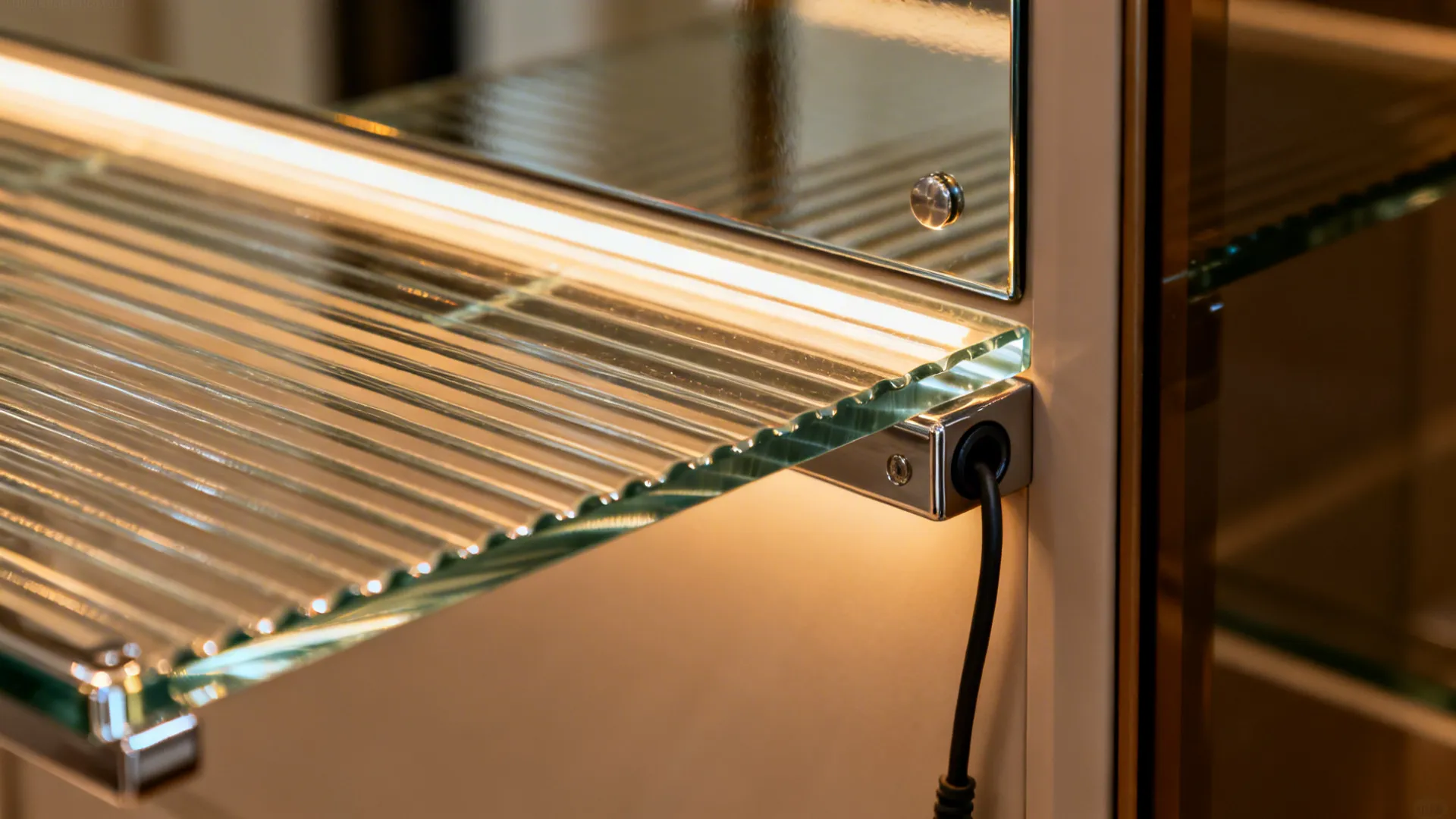 Mirrored niche bar detail with fluted glass shelves and subtle lighting.