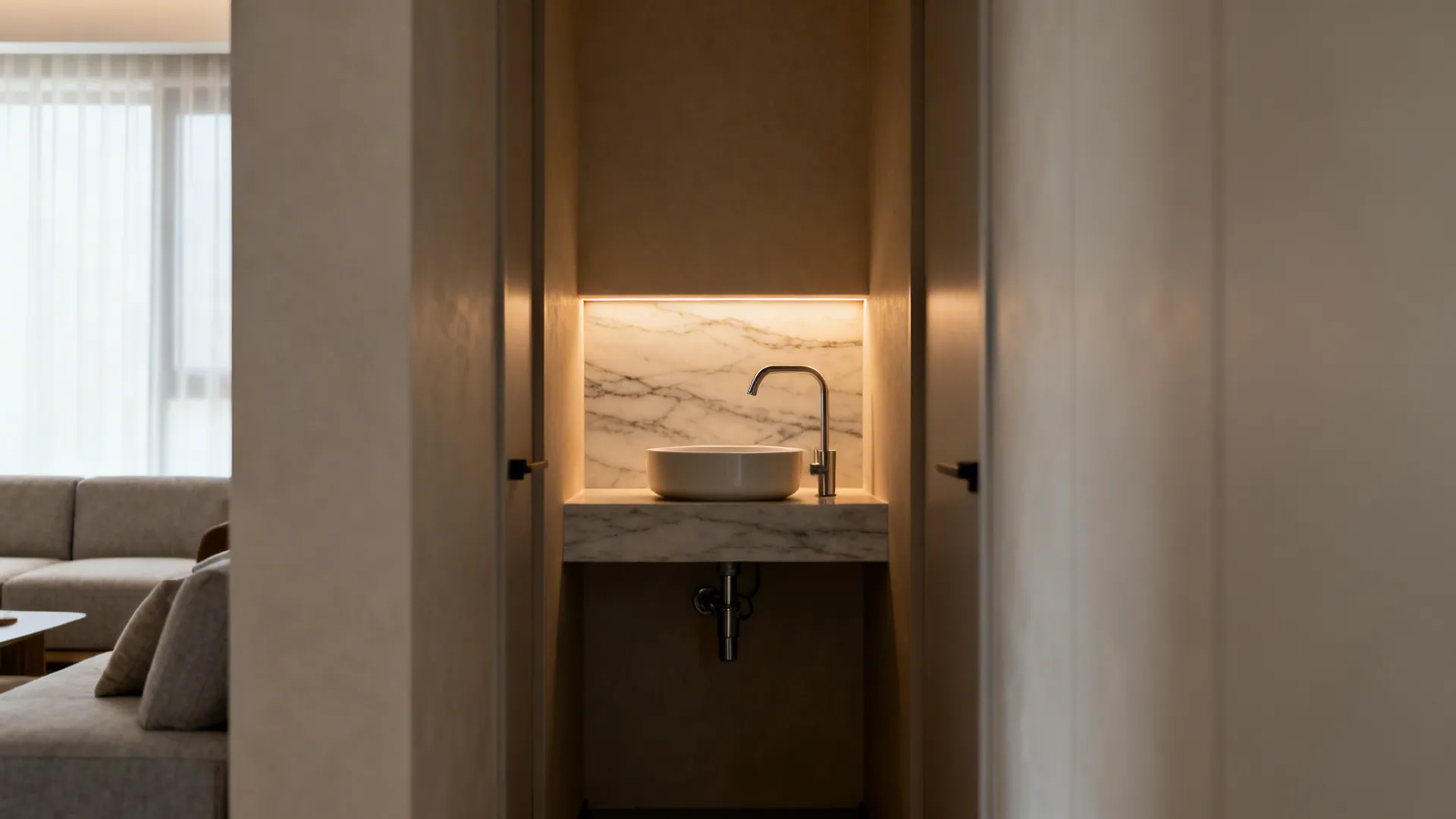Shallow niche with backlit slab and wall-mounted basin in a narrow living room.