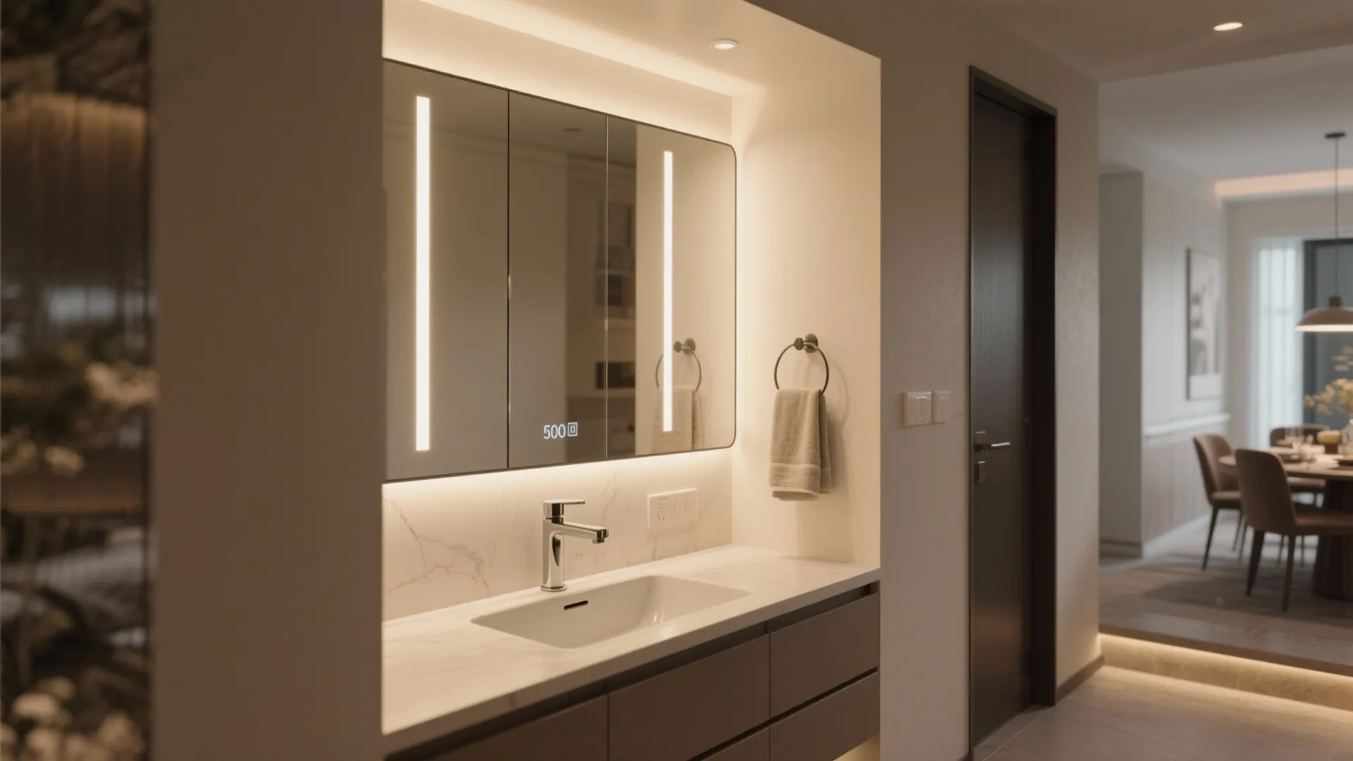 Niche-mounted basin with mirror and integrated lighting