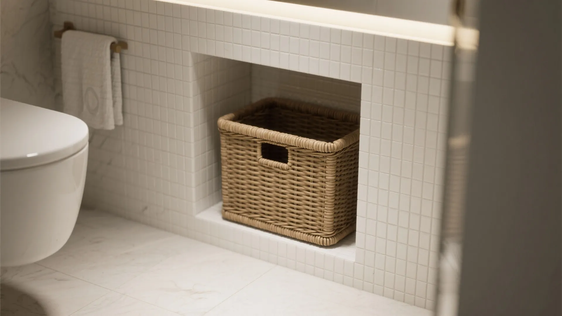Woven storage basket sitting inside a built-in wall niche with white tiles in a modern bathroom