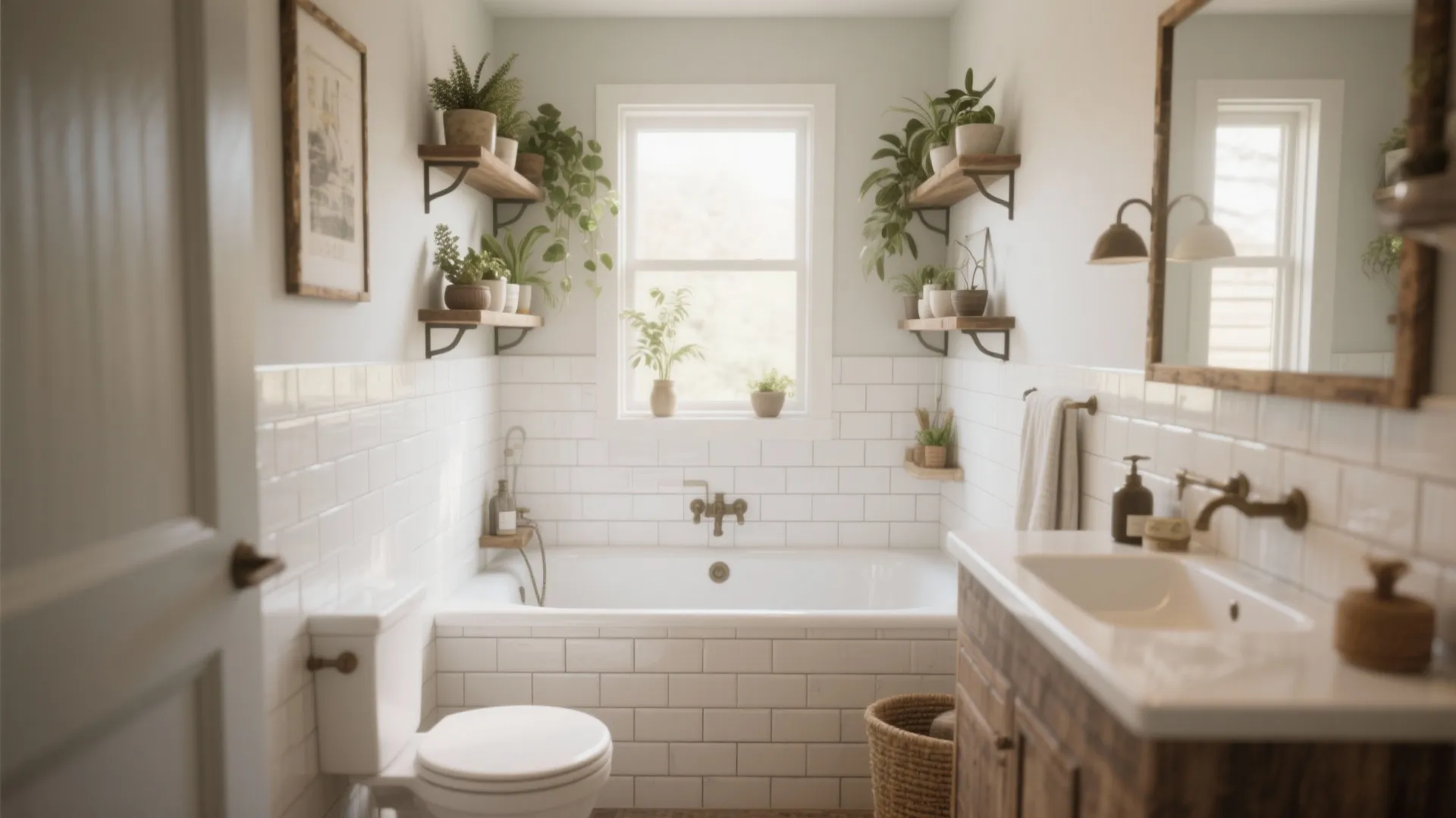 Bright bathroom with white tiles white bathtub green plants on wooden shelves and natural light