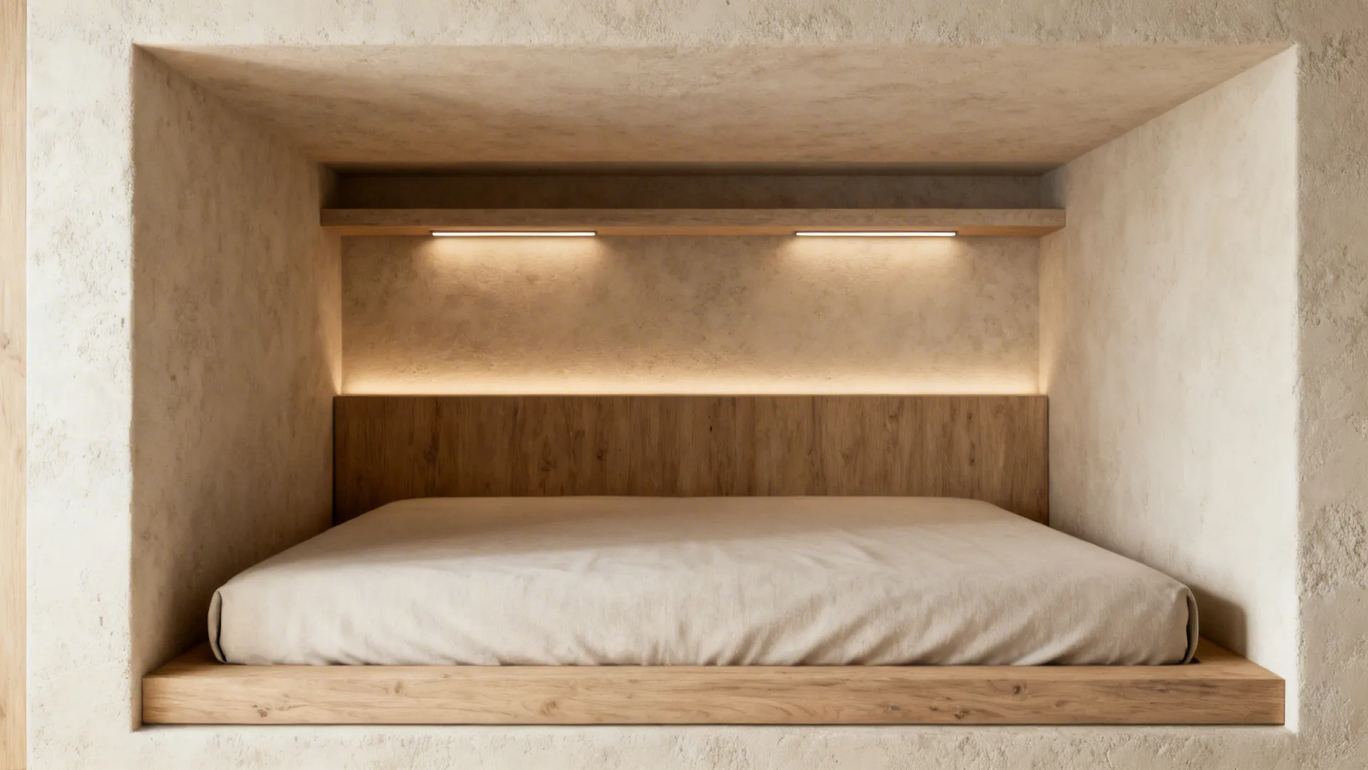 Cozy recessed bed niche with slim shelving and warm reading lights.