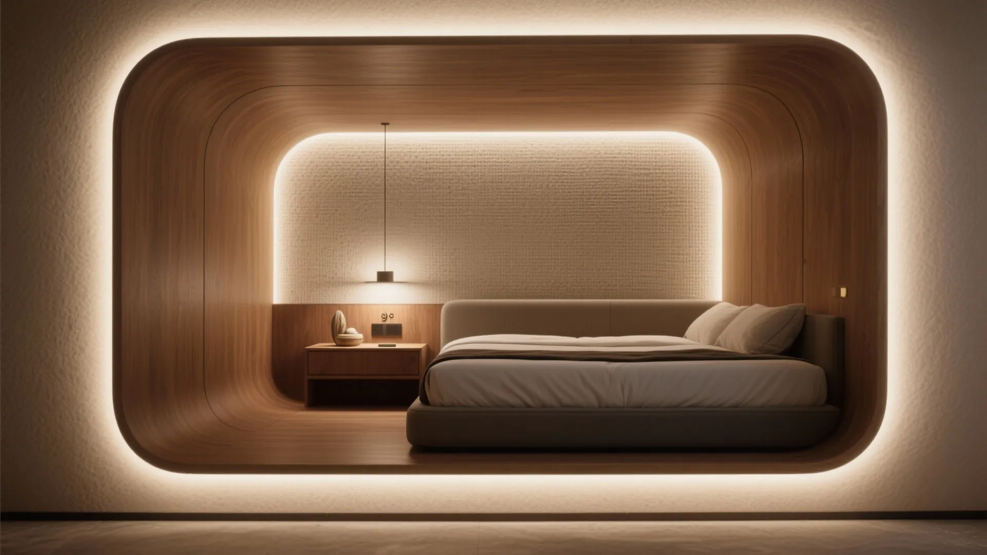 Minimalist bed placed inside a curved wooden wall niche featuring warm soft lighting and table