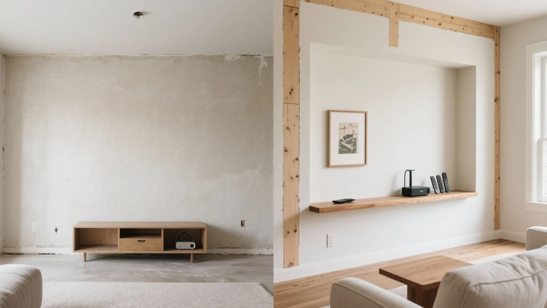 Side-by-side wall comparison before and after adding a recessed niche above a console.