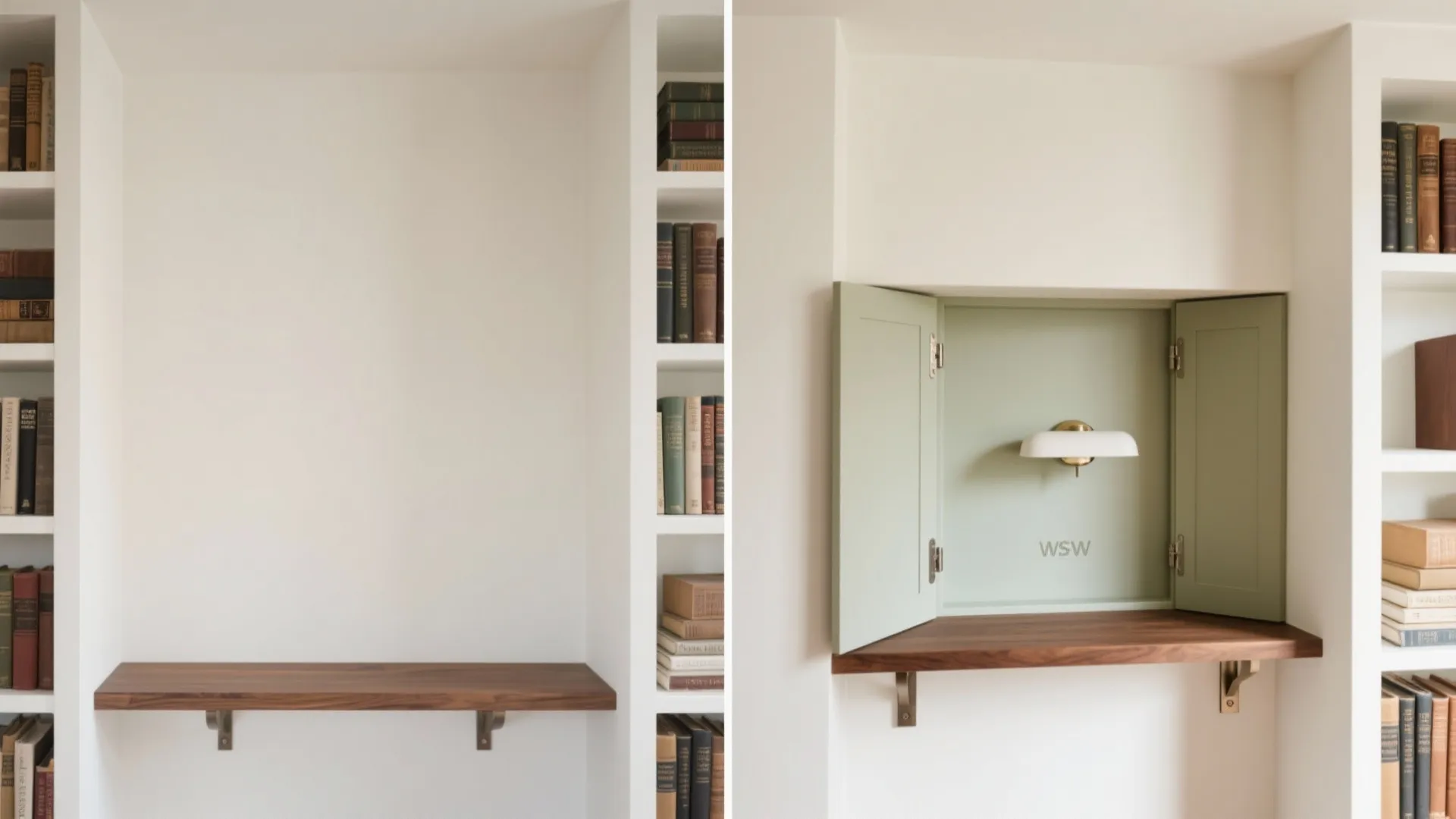 Comparison showing a wall shelf transformed into a green cabinet with an inside wall light