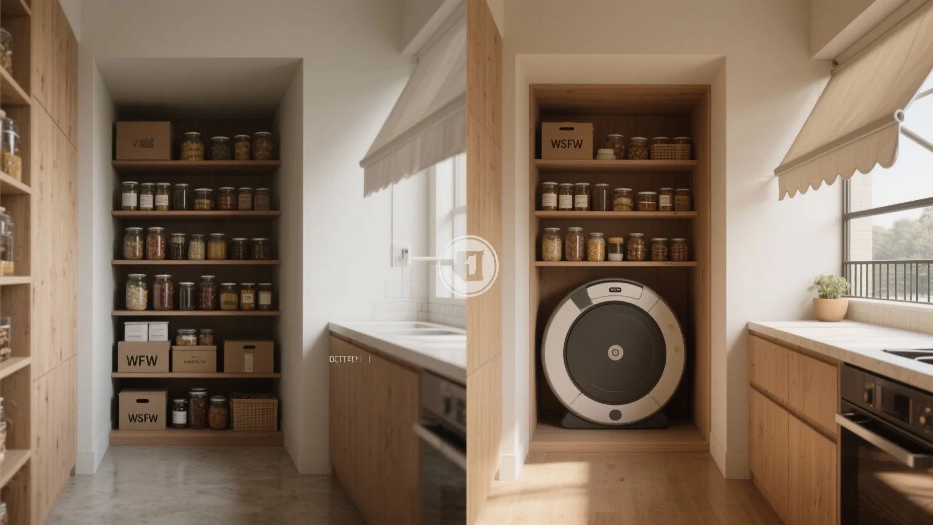 Before and after comparison of a kitchen pantry shelf being converted into a storage niche