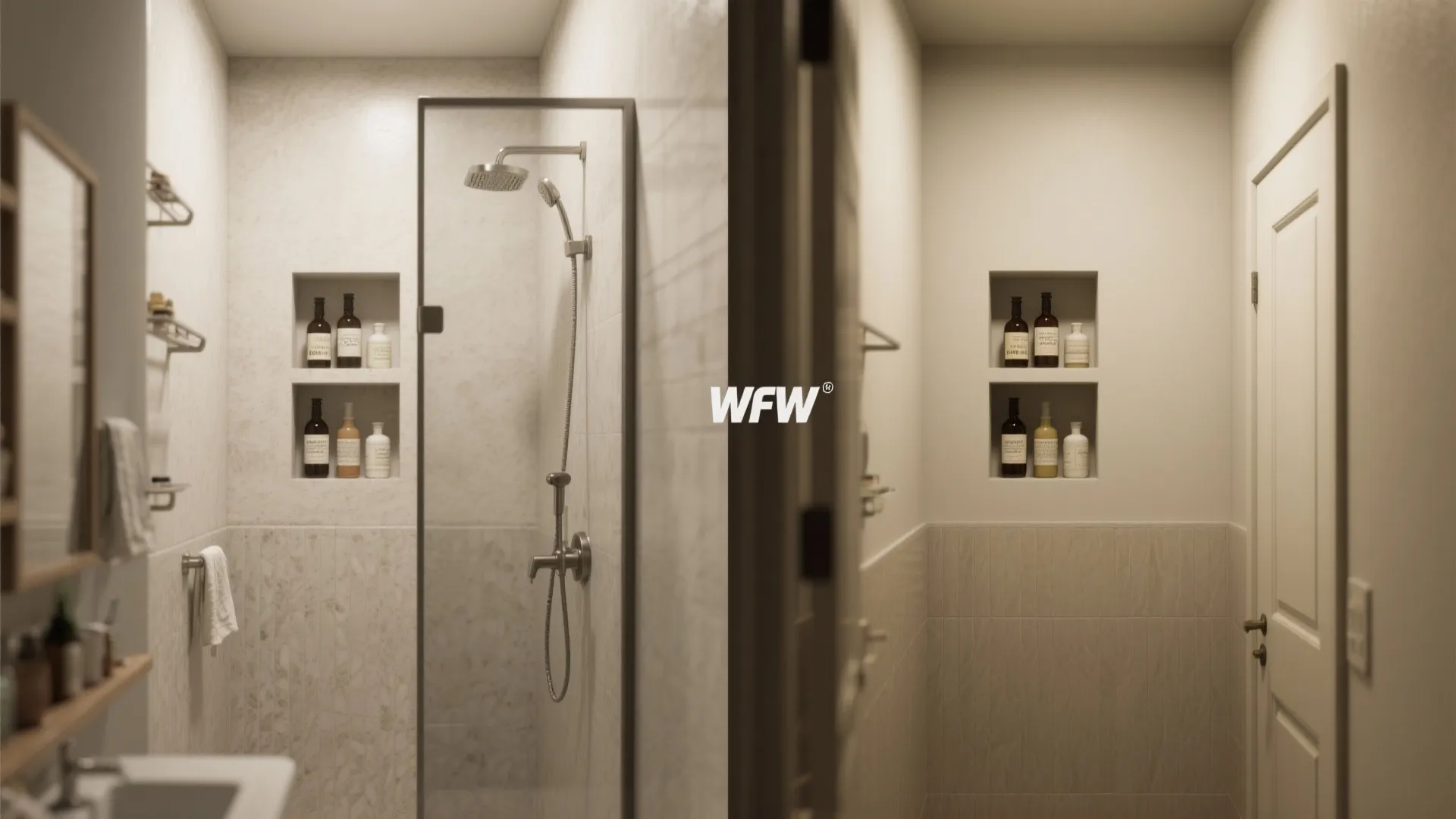 Before and after interior design drawing comparison showing bathroom storage niche with bottles and shower head