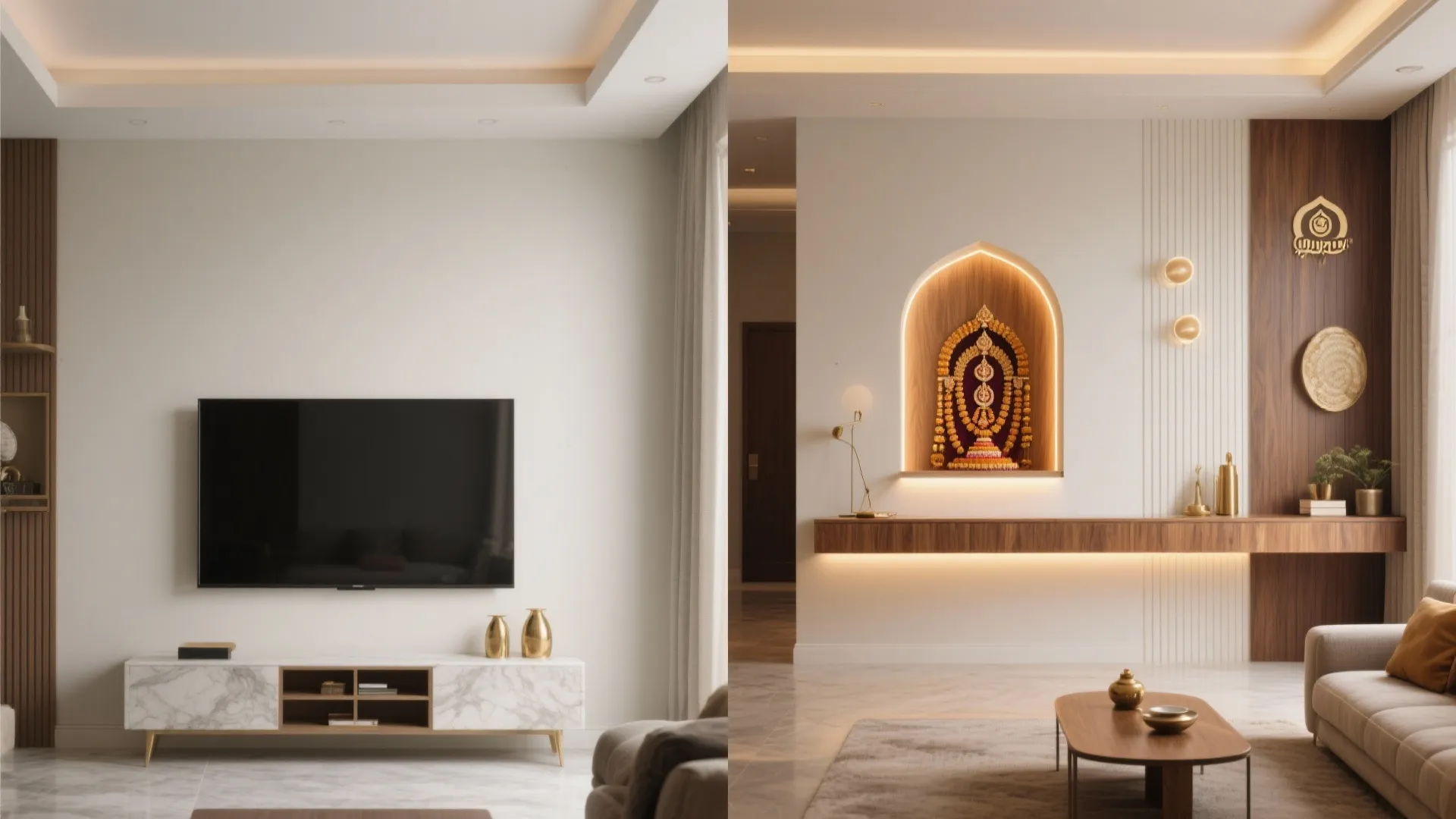 1) Minimalist pooja niche with backlit panel