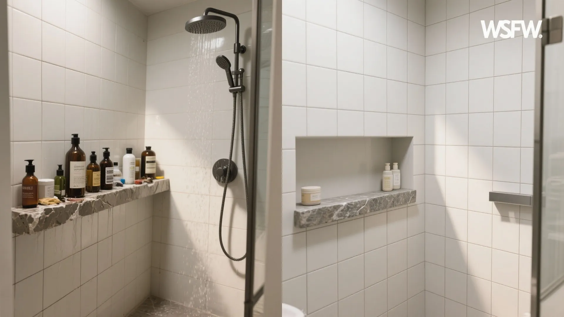 Before and after comparison of shower area with added wall shelf for storage of bottles