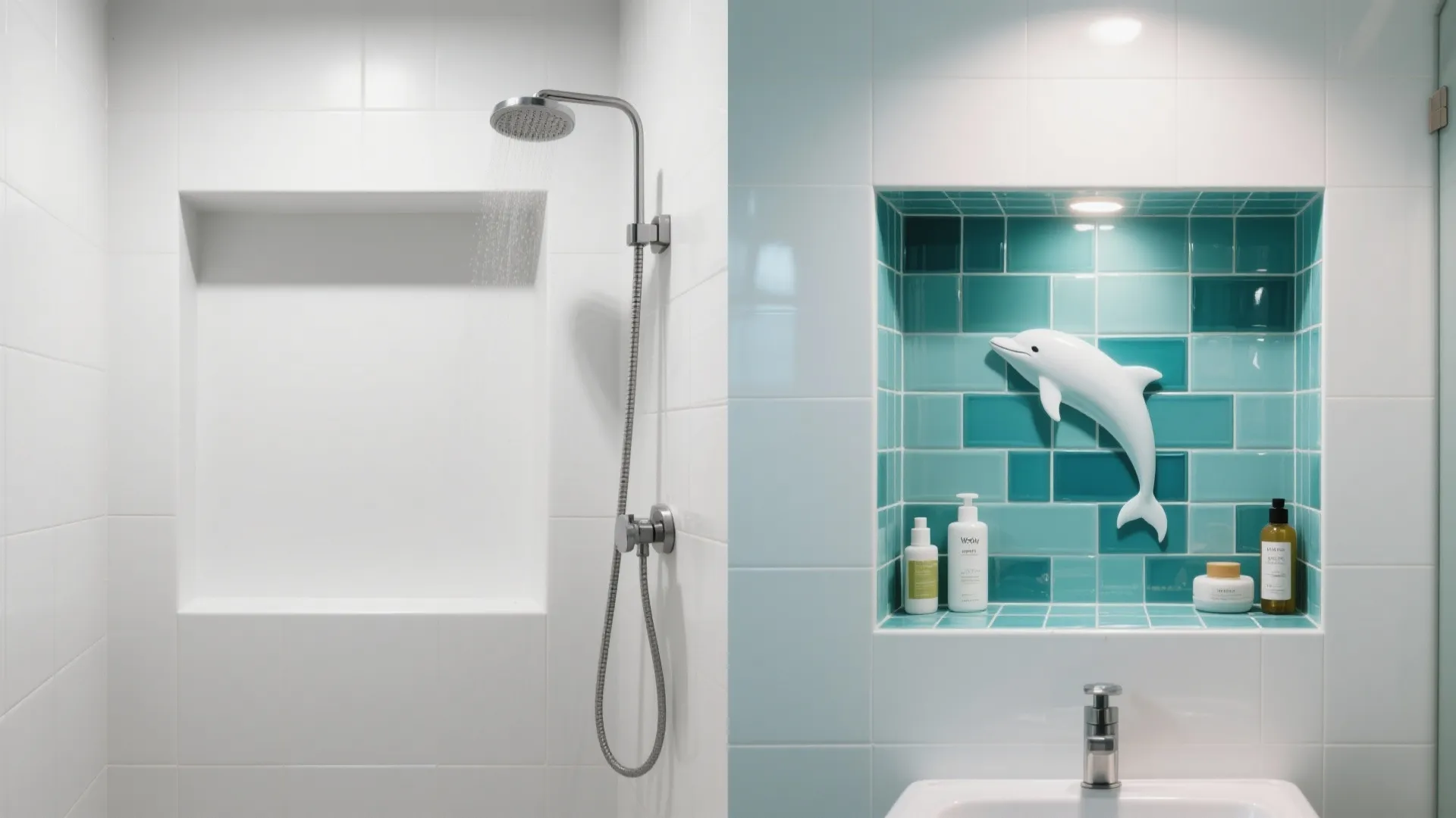 Before and after comparison of plain white shower niche versus decorated blue tile dolphin niche