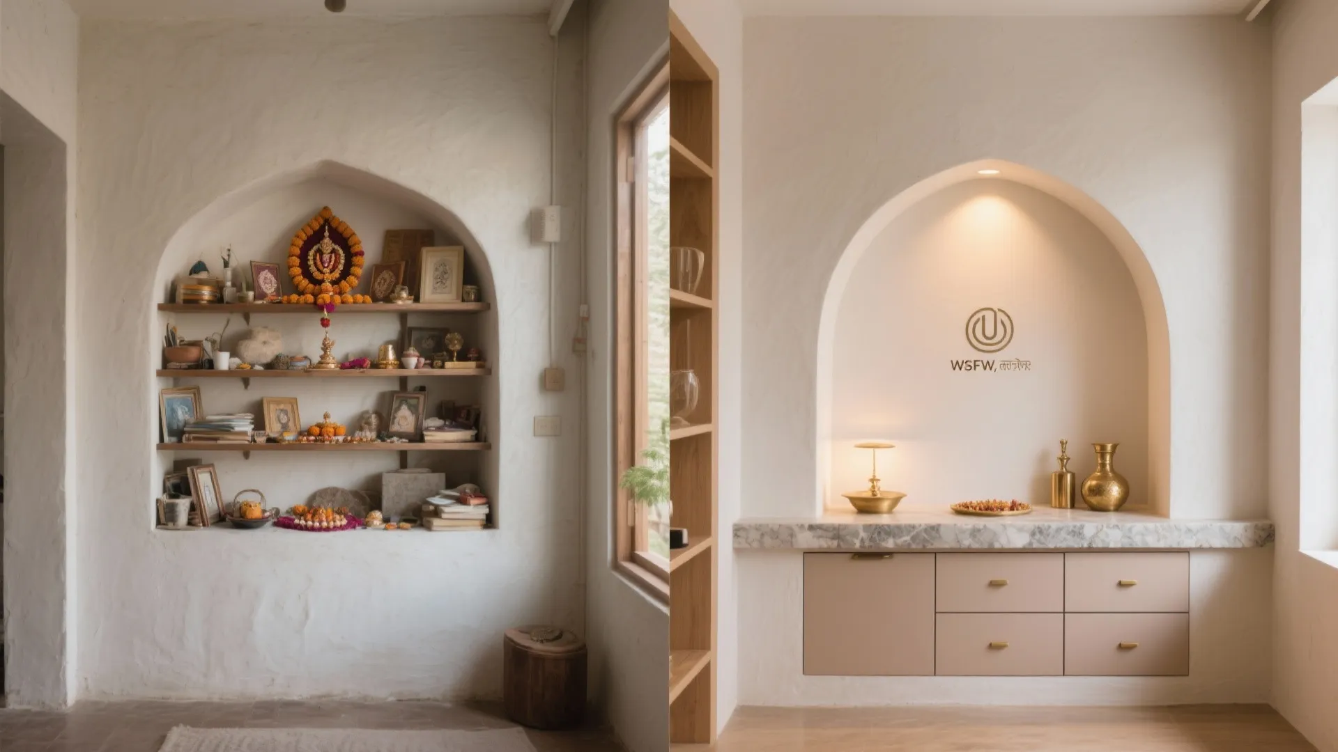 Comparison of an old cluttered wall niche and a new modern niche with pink cabinets