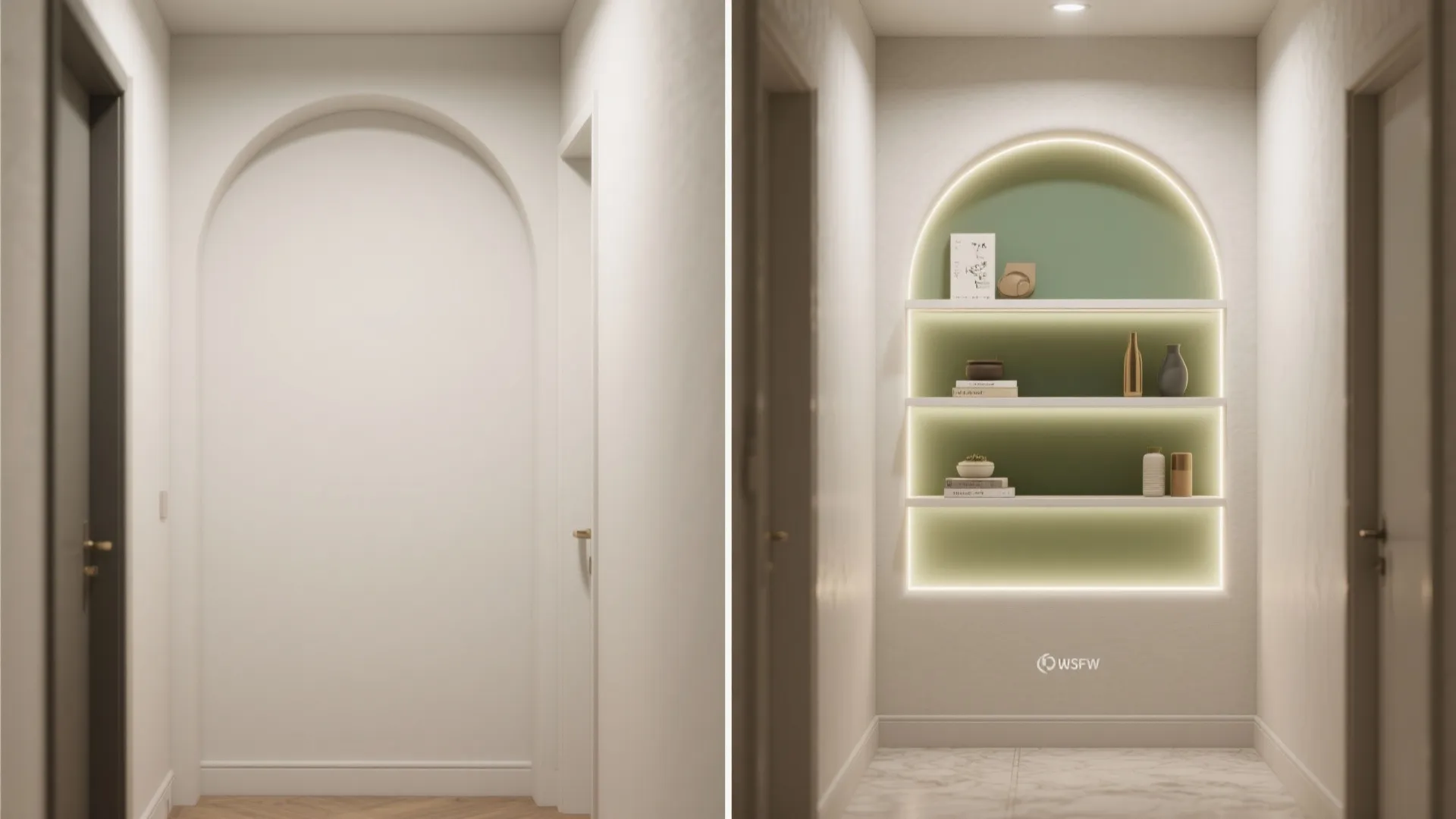 Before and after comparison of a plain white wall transformed into an arched recessed shelving unit