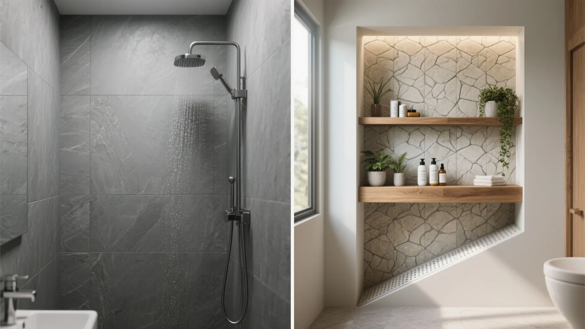 Comparison of a dark grey stone shower area and a bright wall niche with shelves