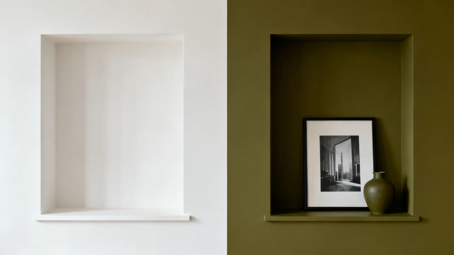 Side-by-side of a plain white niche and the same niche painted clay green with art.