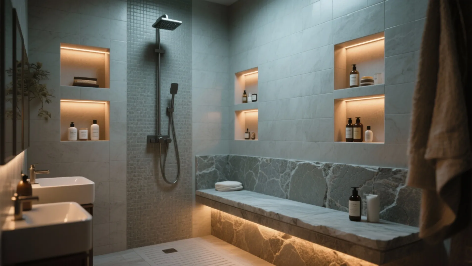 3. Build recessed niches and a bench for storage and comfort