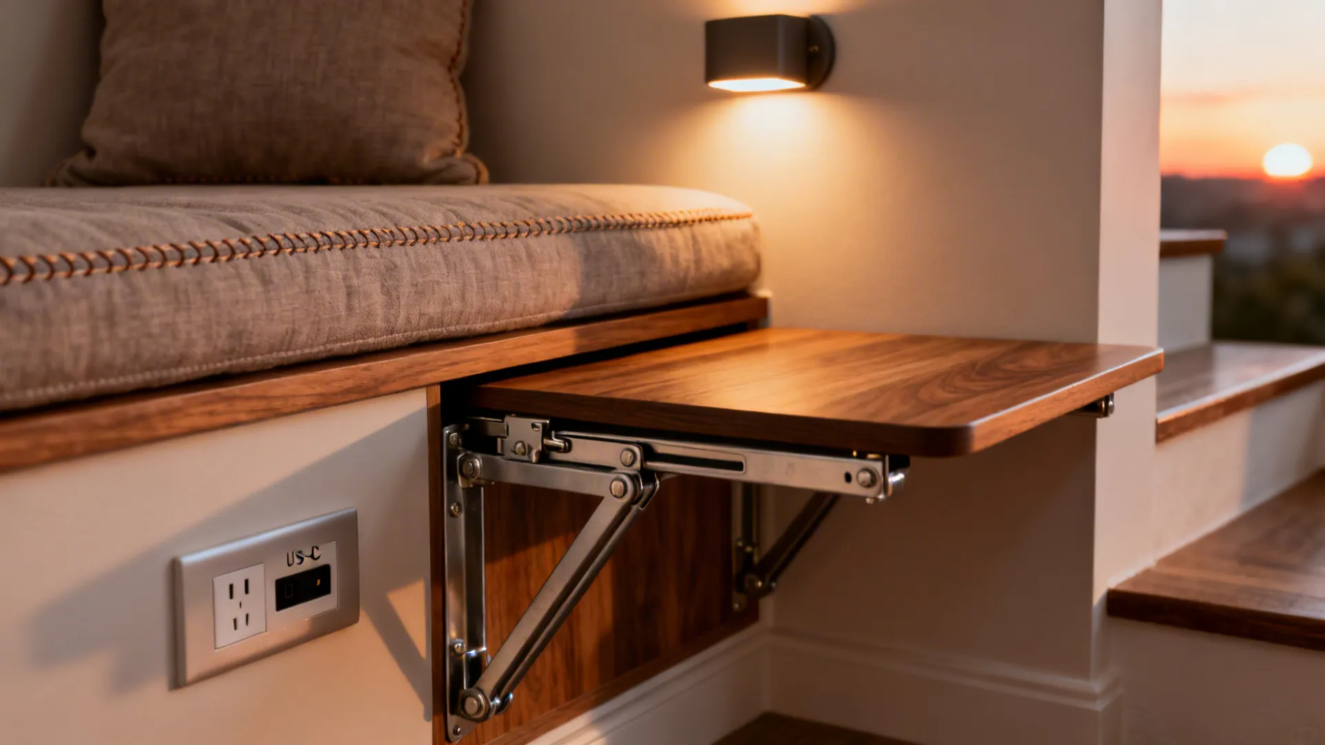 Detail of stair niche bench with cushion, sconce, outlet, and fold-down console with sturdy brackets.