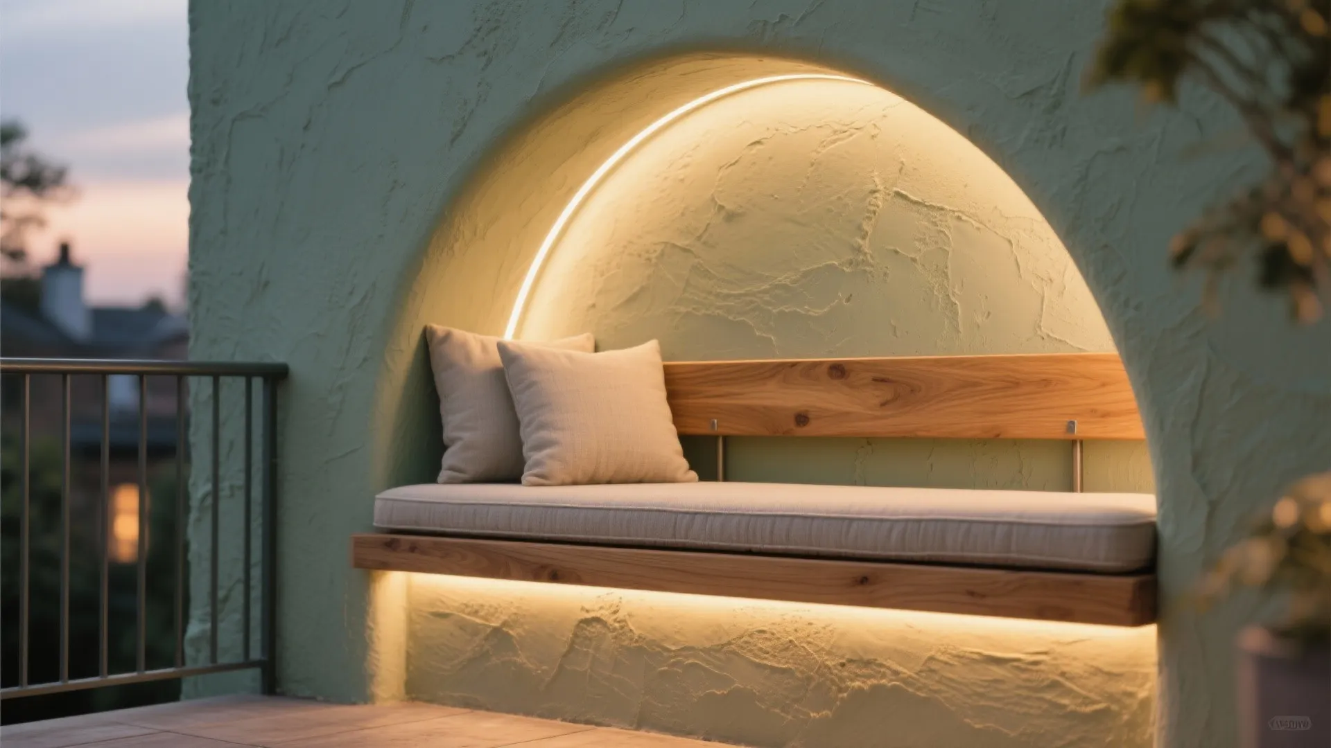 Built-in wooden outdoor bench inside arched wall niche with warm light strip and soft pillows