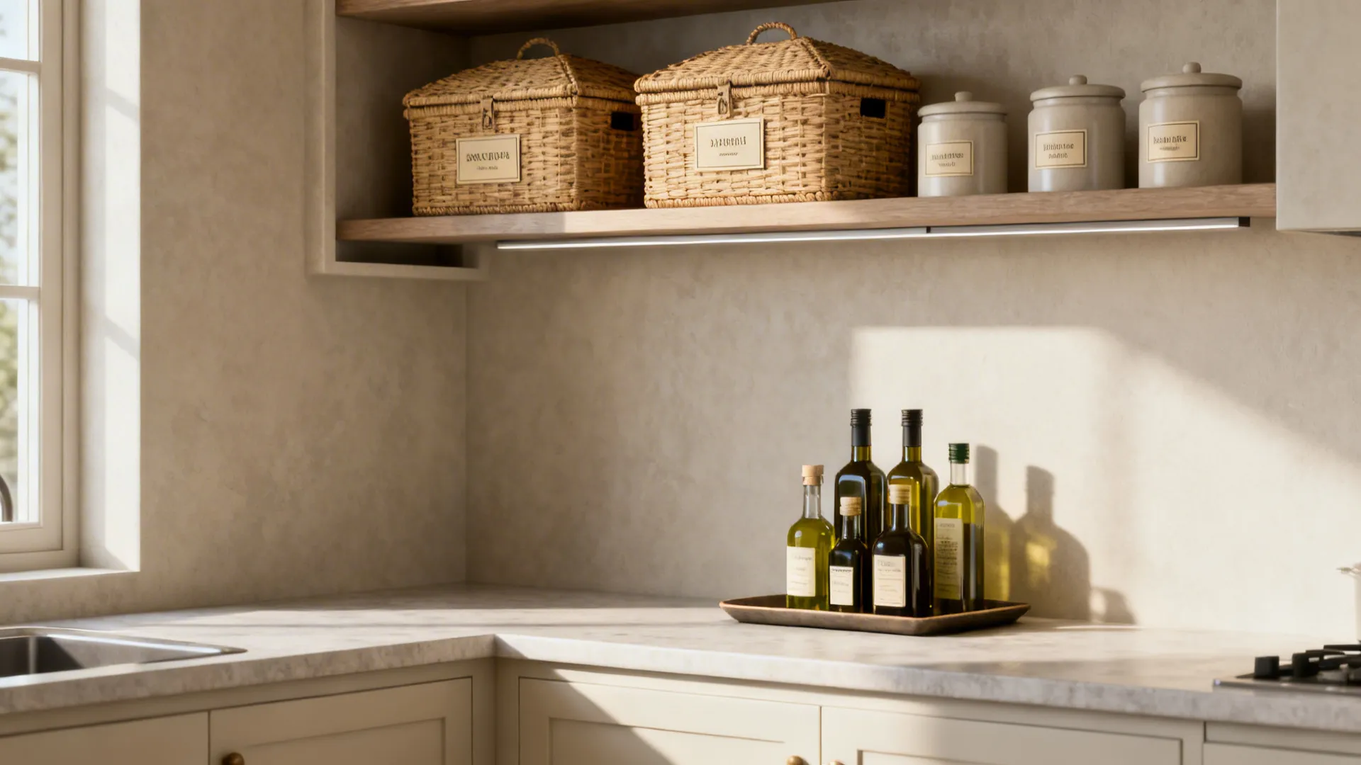 Corner niche shelves with rattan bins and labeled canisters in a serene kitchen.