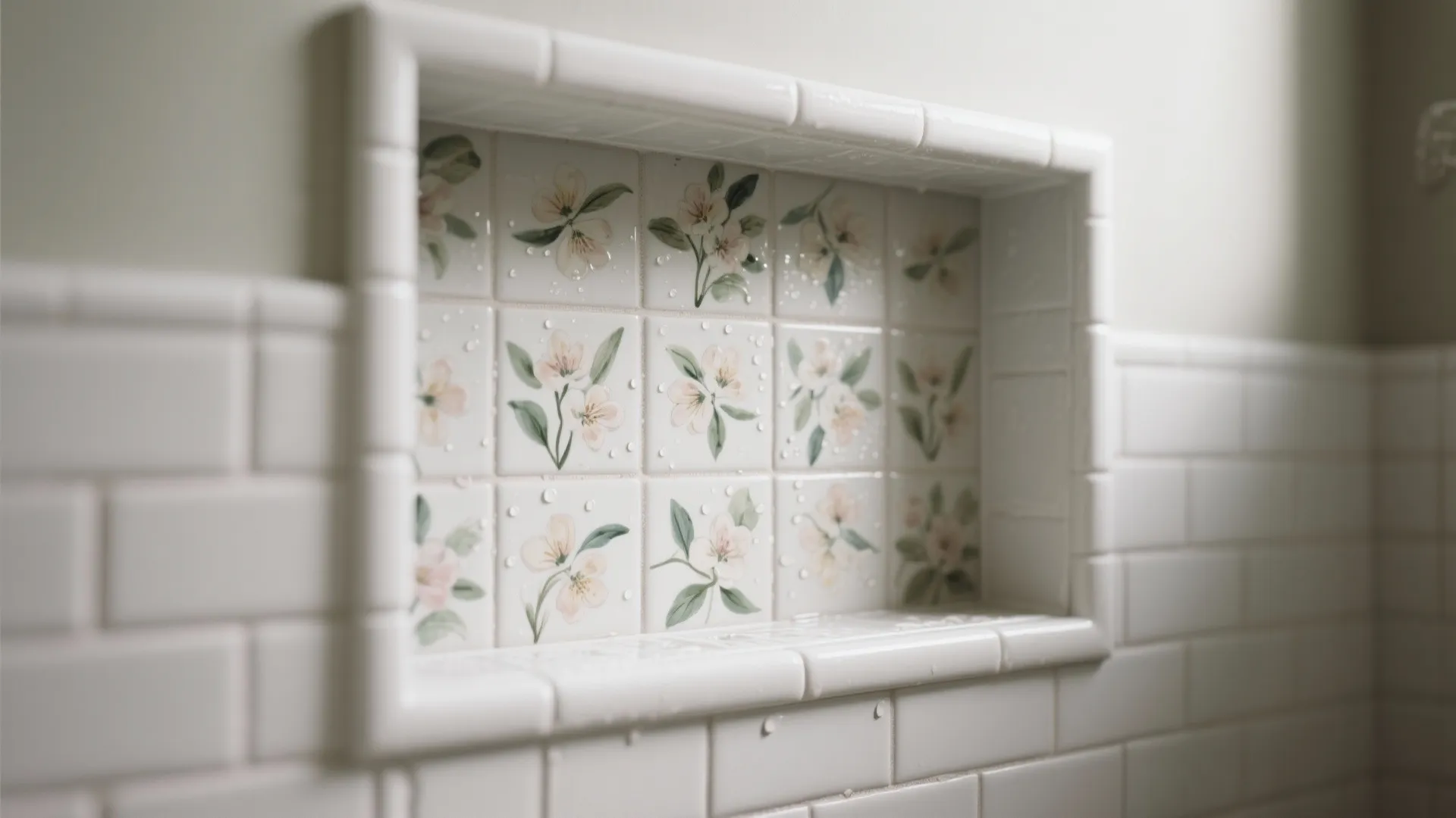 Close up of a shower wall shelf featuring decorative white tiles with painted pink floral patterns