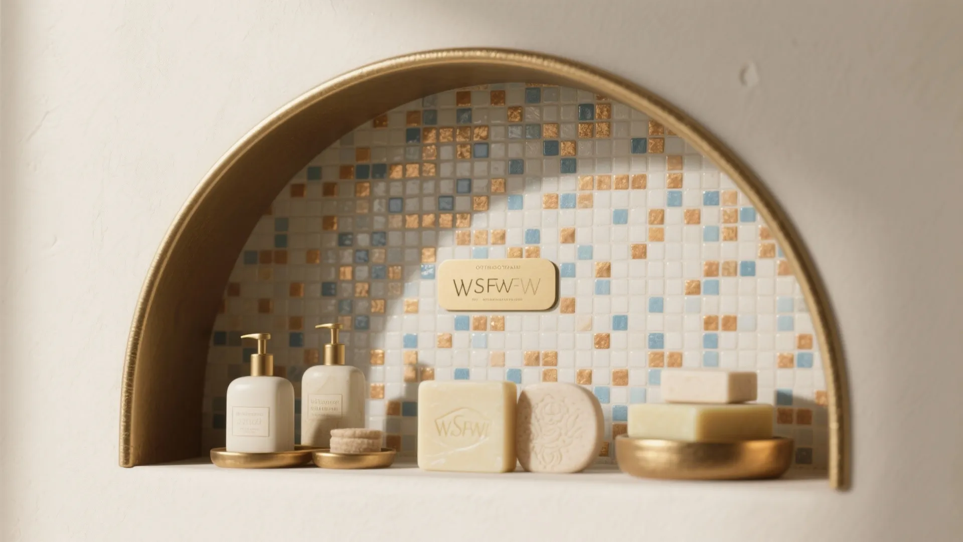 Arched wall shelf with mosaic tiles gold trim soap bottles and solid soap bars display