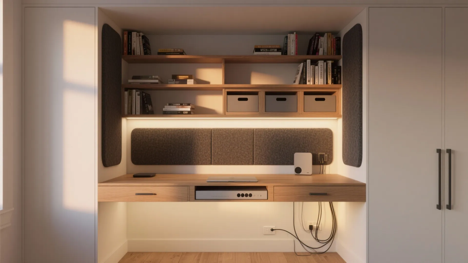 Built in wooden desk niche with wall panels open shelving books drawers and warm lighting