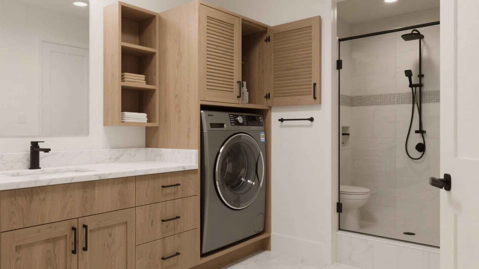 Modern bathroom with silver washing machine built into wooden cabinets next to a glass walk-in shower