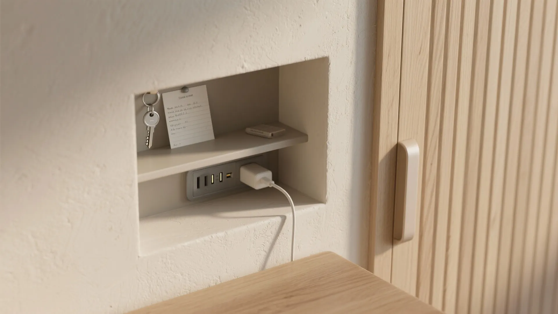 Small wall storage shelf with keys power outlet charging phone sticky notes and wood door