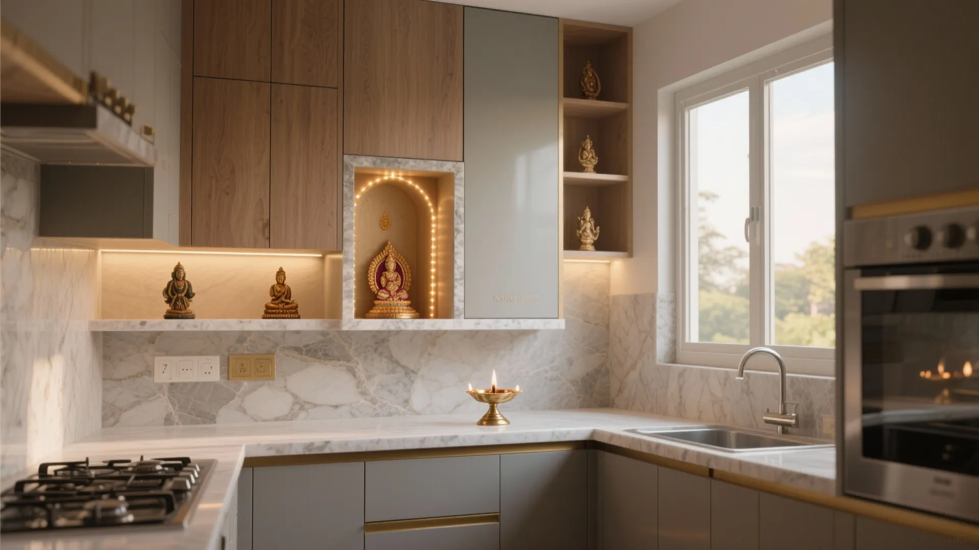 Compact Pooja Niche in the Cabinetry