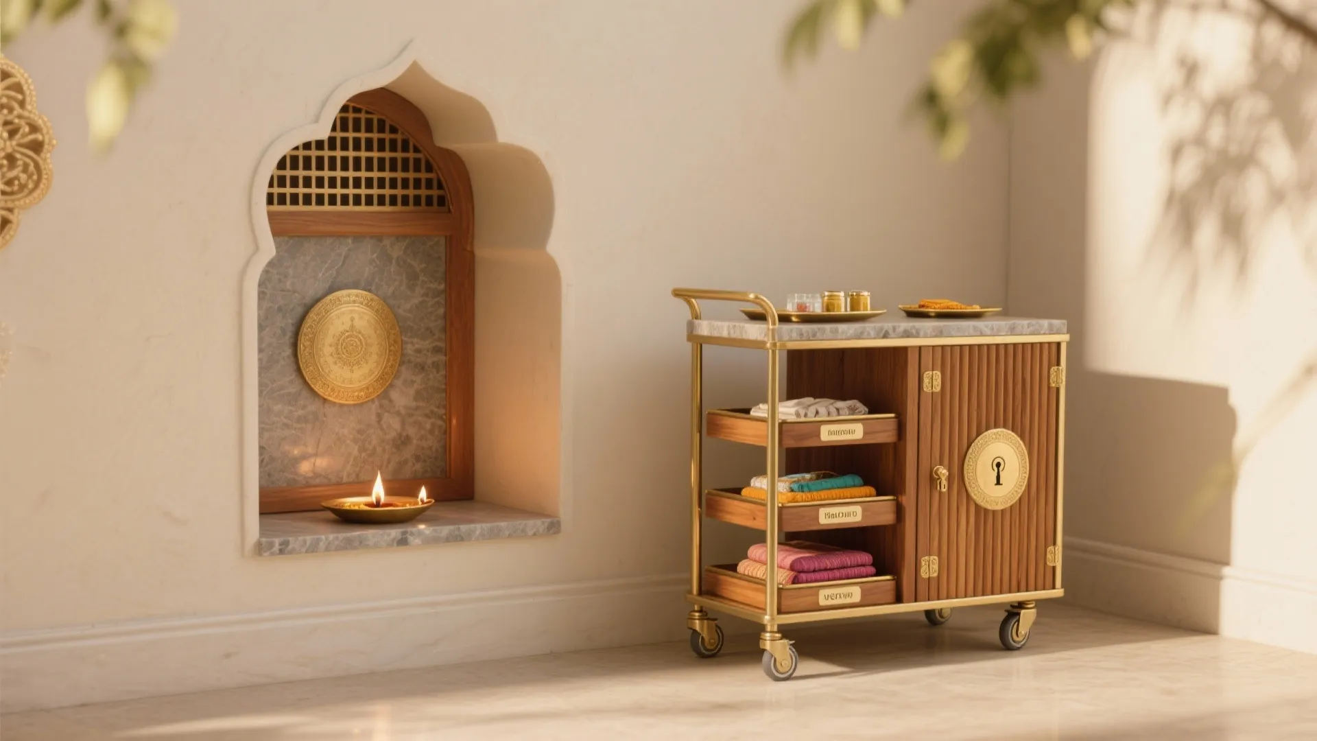 Shuttered mandir niche with a ventilated alcove and a compact three-tier pooja cart on lockable casters.