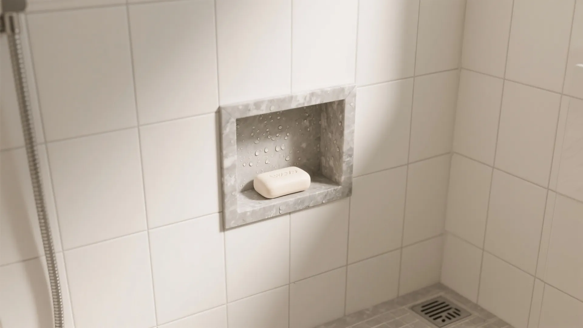Modern shower with white wall tiles and a grey stone recessed wall shelf holding soap