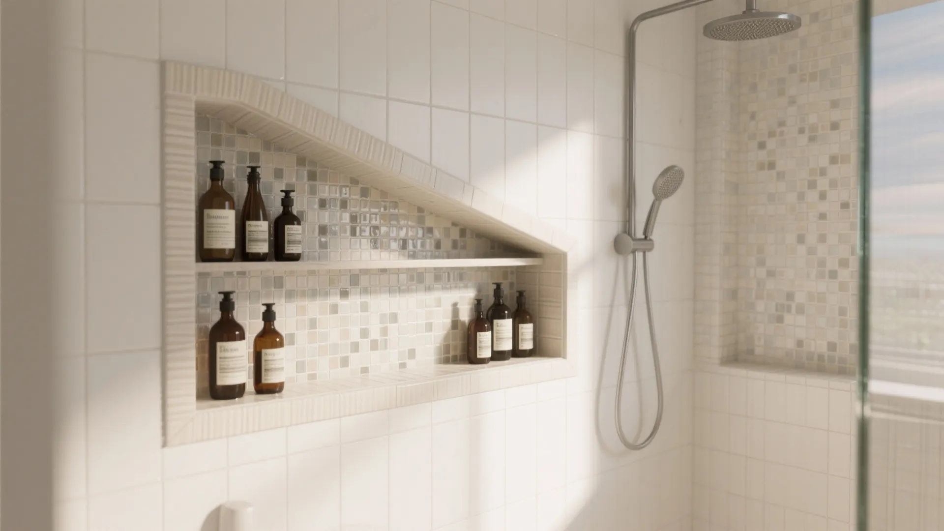 Built in shower wall shelf with mosaic tiles holding brown bottles near a silver light fixture