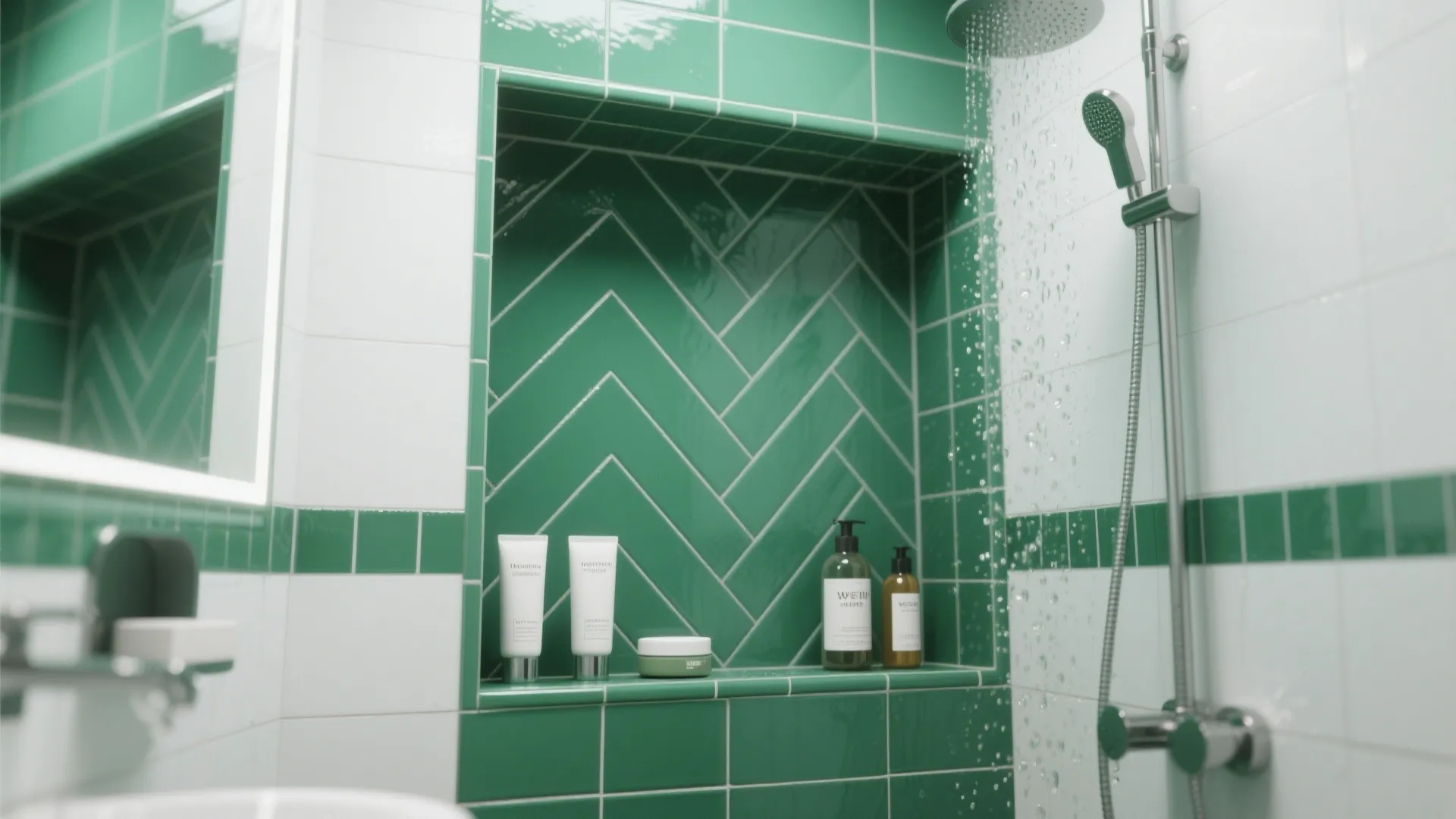 Shower niche and chevron strip in emerald green tile with toiletries