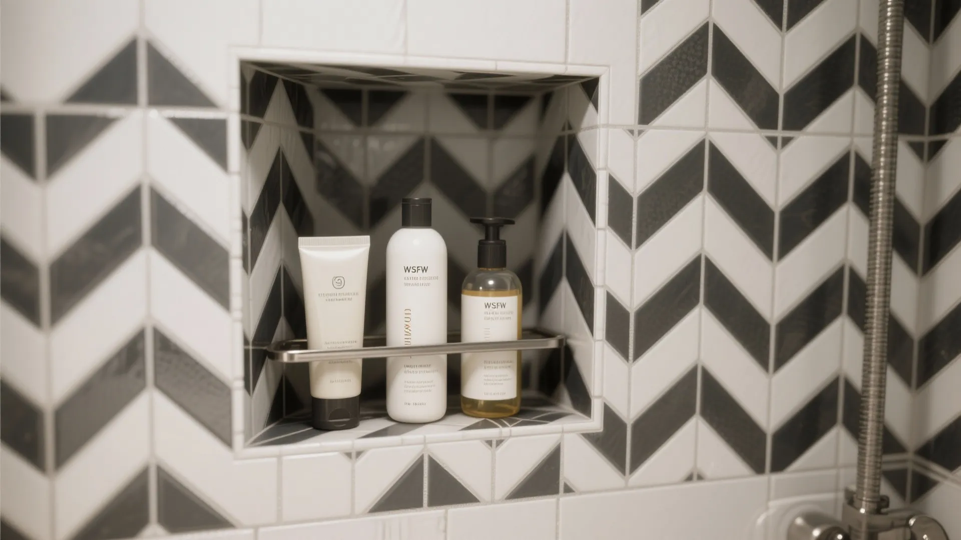 Shower wall shelf with three soap bottles inside a black and white zigzag patterned tiled wall