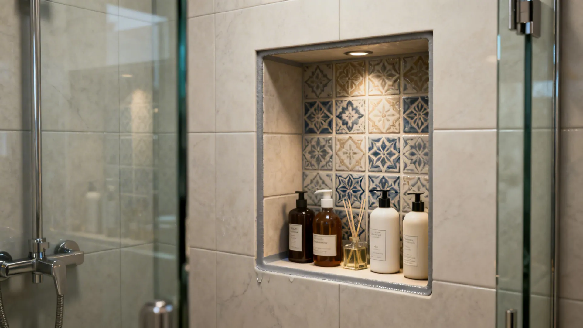 Recessed shower niche with contrasting tile inside a frameless glass walk-in shower.