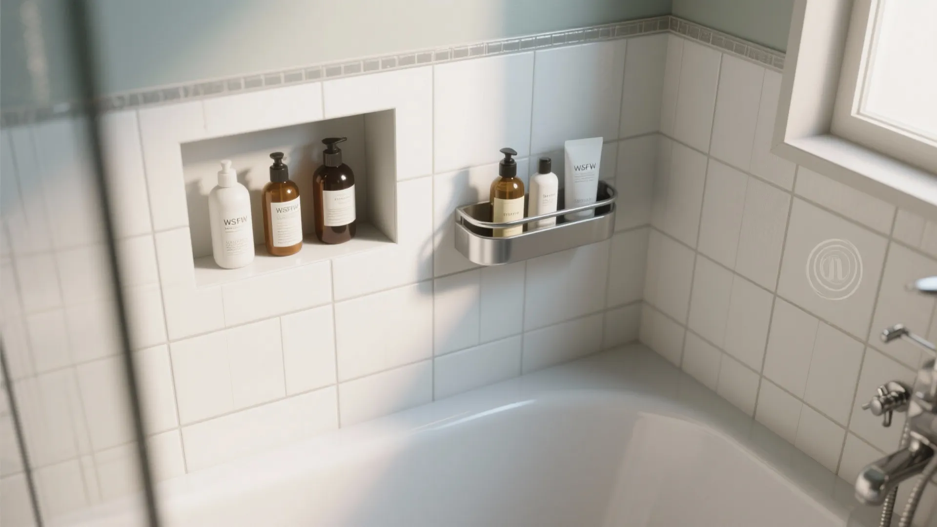 White tiled bathroom wall showing built in shelf and metal rack with several soap bottles