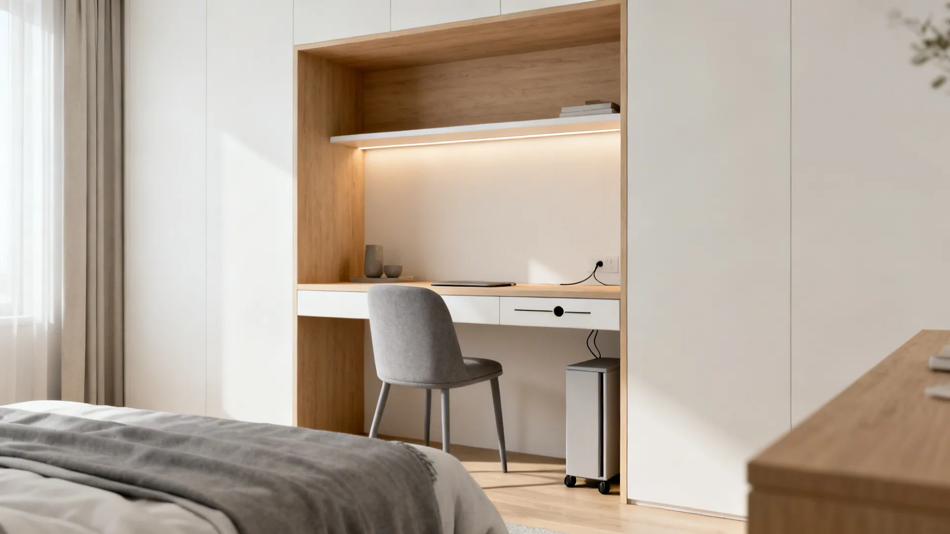 Built in wooden desk niche within white cabinets featuring a grey chair and integrated light