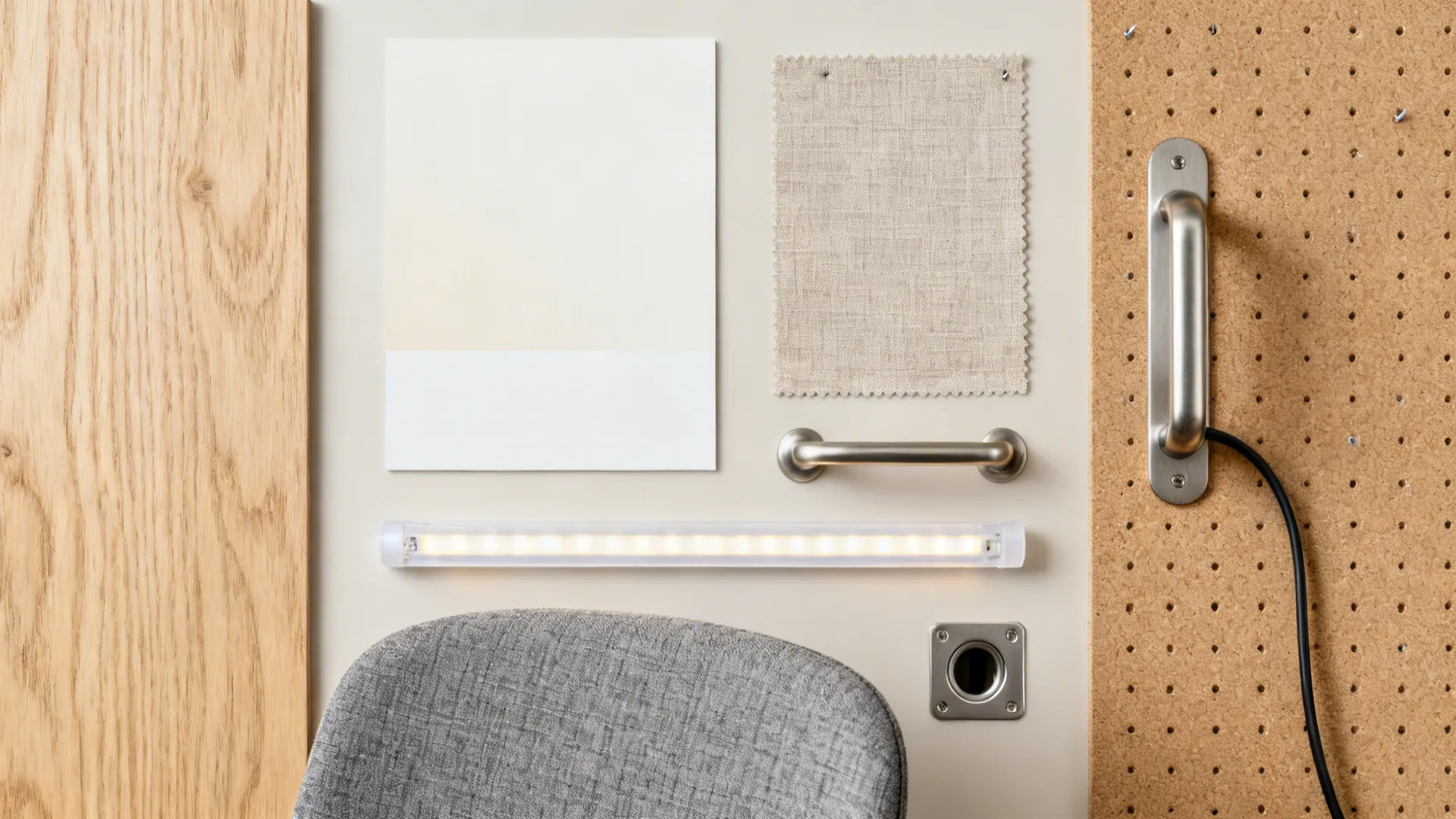 Mood board showing wood panel paint sample fabric swatch metal handle light fixture and pegboard