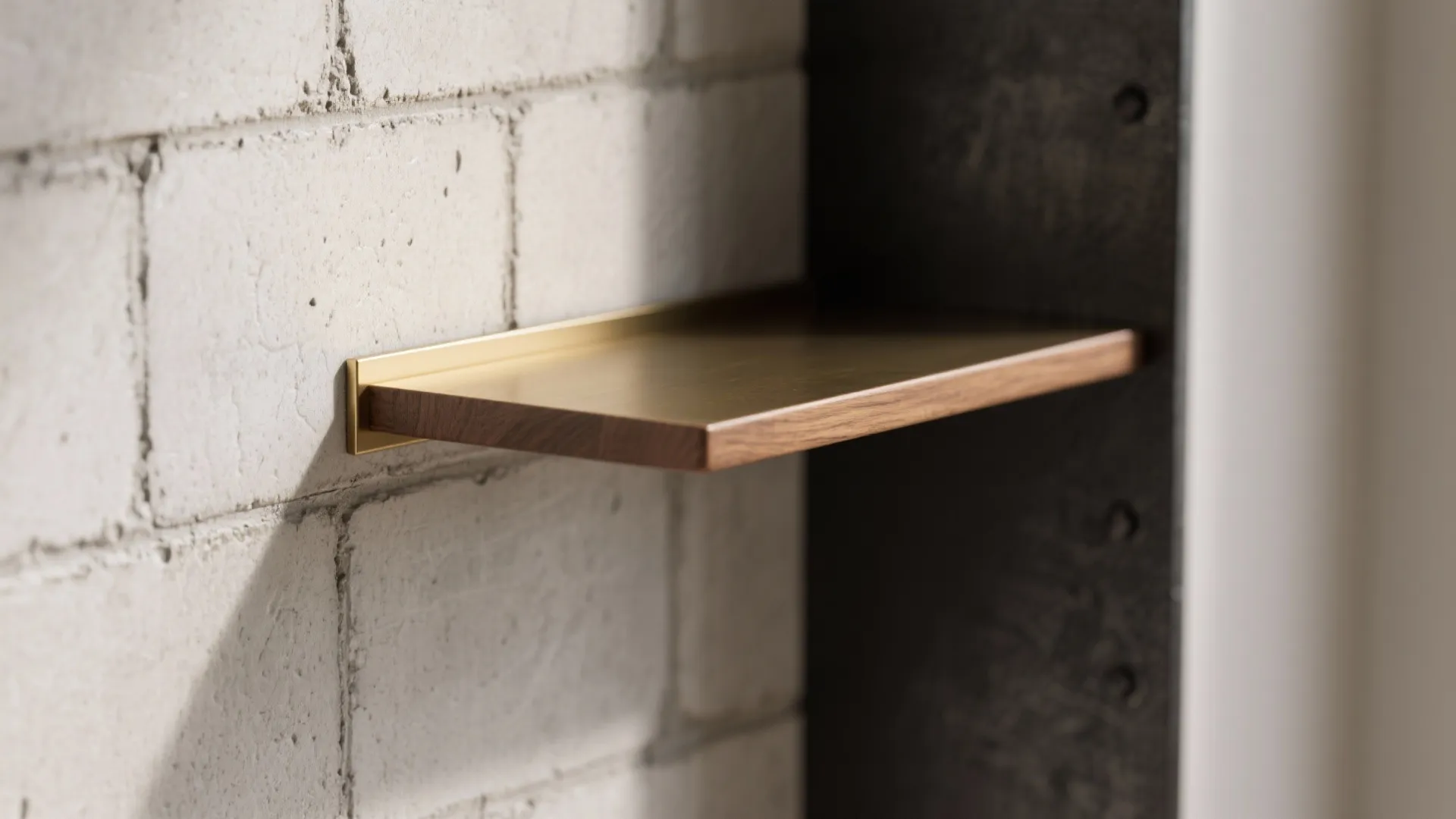 Modern wood and gold floating shelf mounted on white brick wall in a bright indoor room