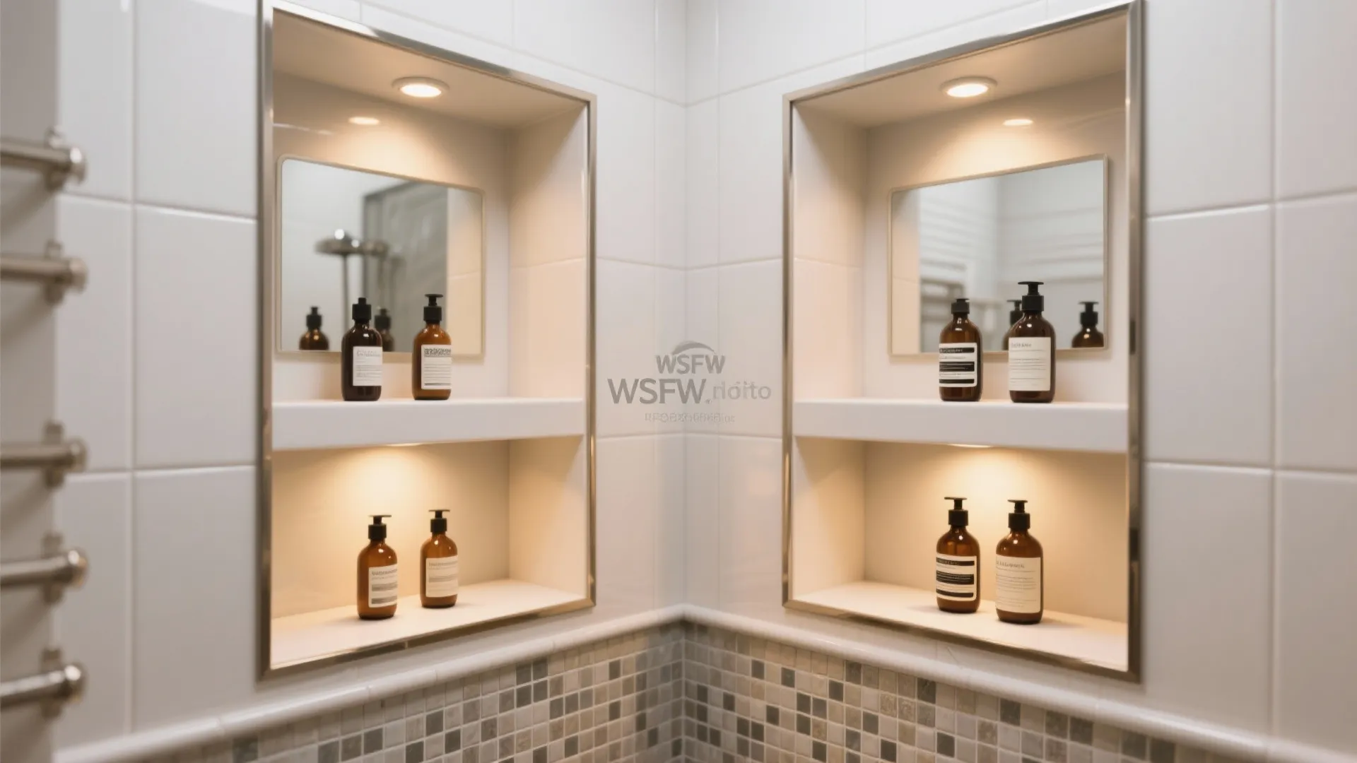 Built-in niches, shelves, and light inside the cubicle