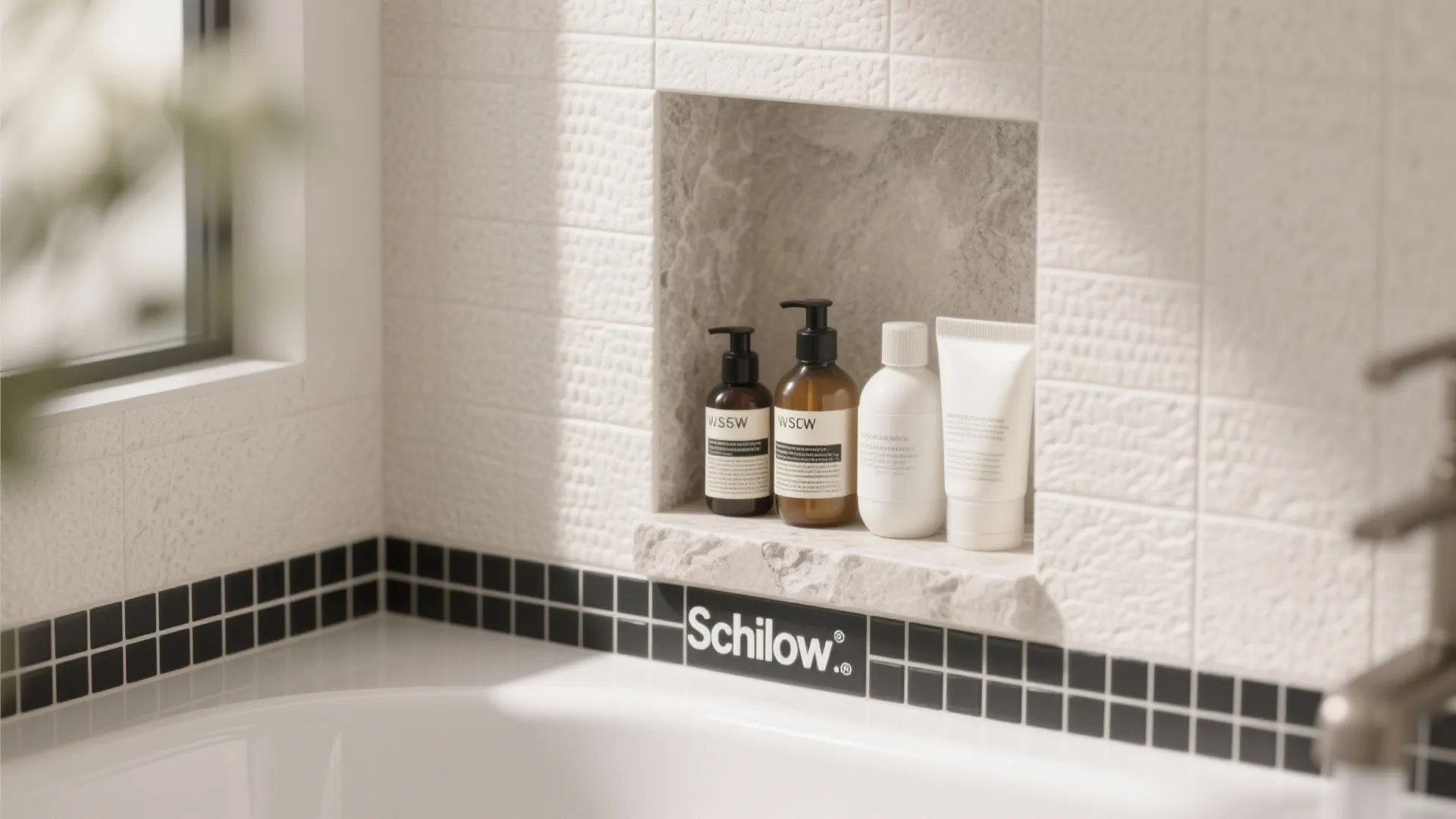 Close-up of tub niche with stone sill, clean trims, and micro-textured tile.
