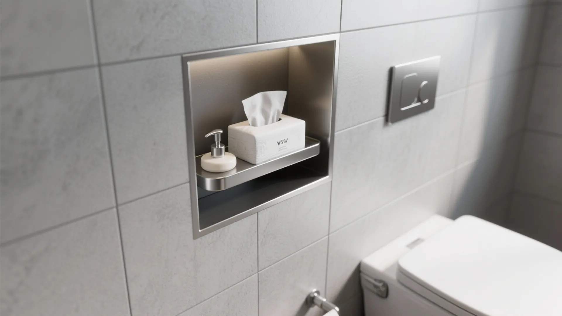 Recessed metal wall shelf in a tiled bathroom holding soap dispenser and a tissue box