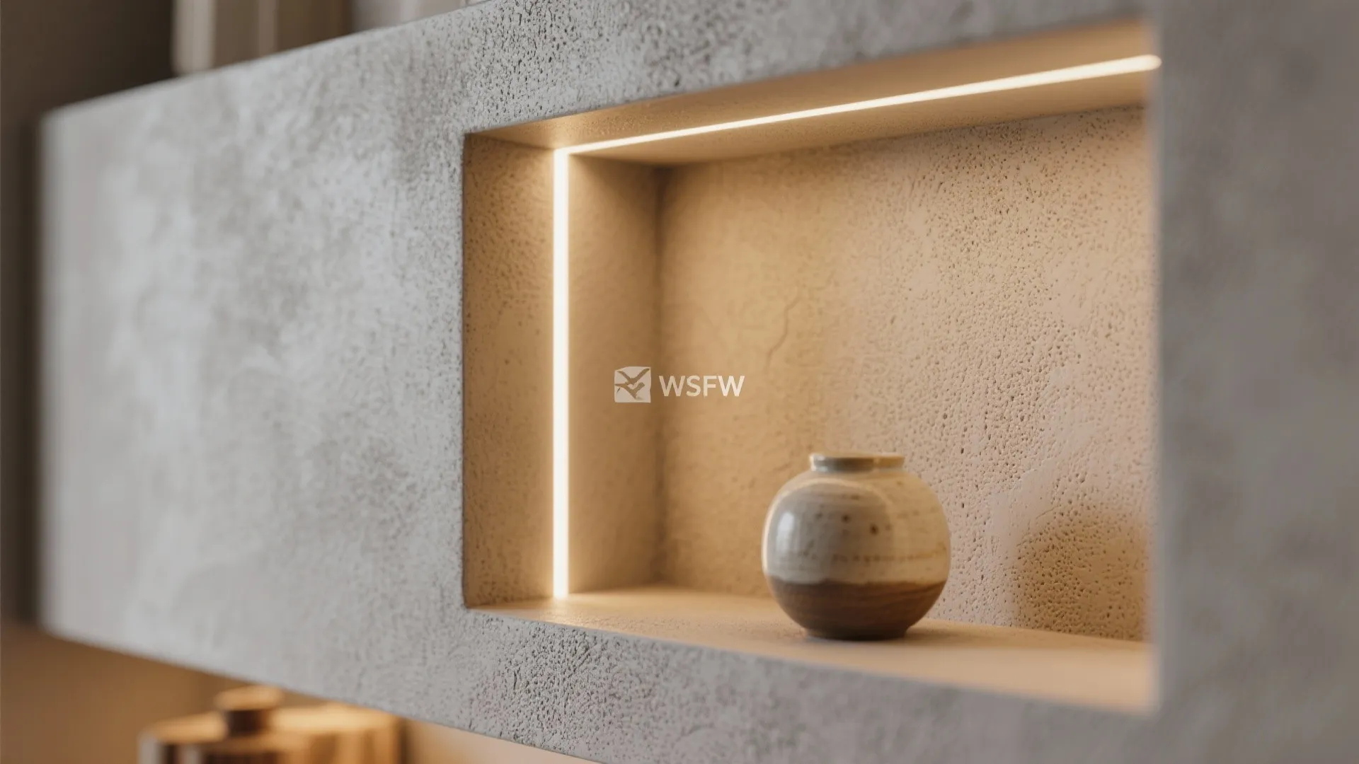 Close-up of a microcement niche reveal with concealed LED edge lighting.