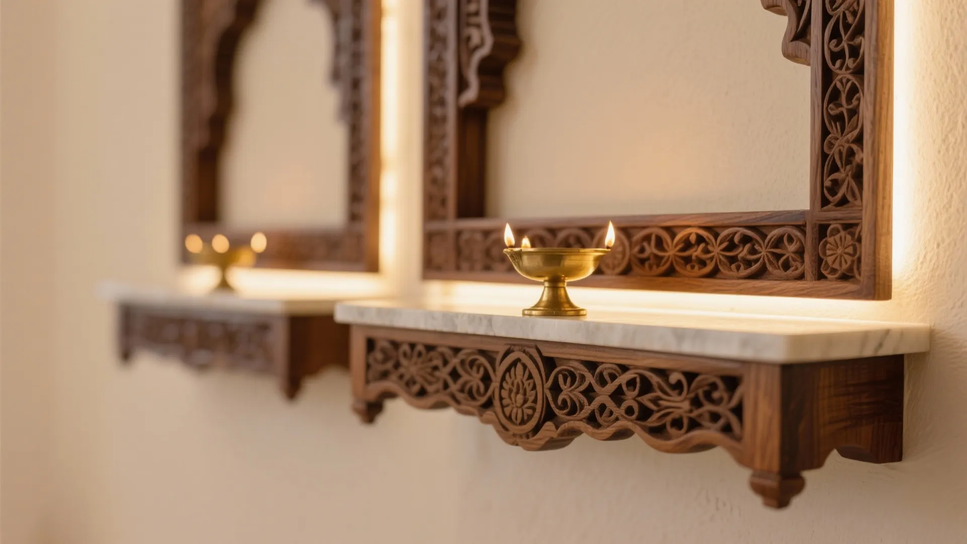 Close-up of carved wood jharokha and brass diya on a quartz sill with soft LED glow.