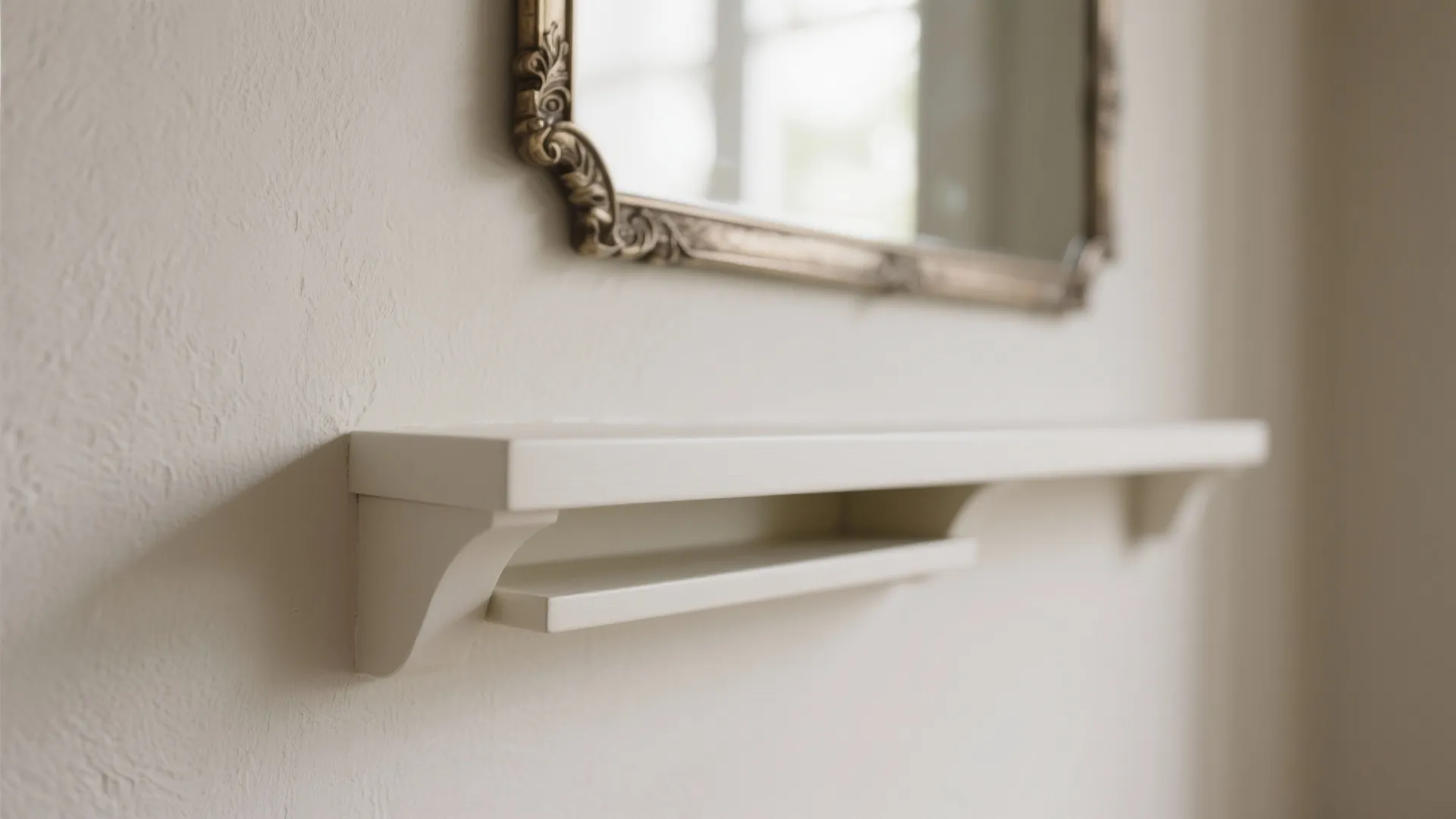 Macro of painted niche edge, slim shelf, and small mirror reflecting soft light.
