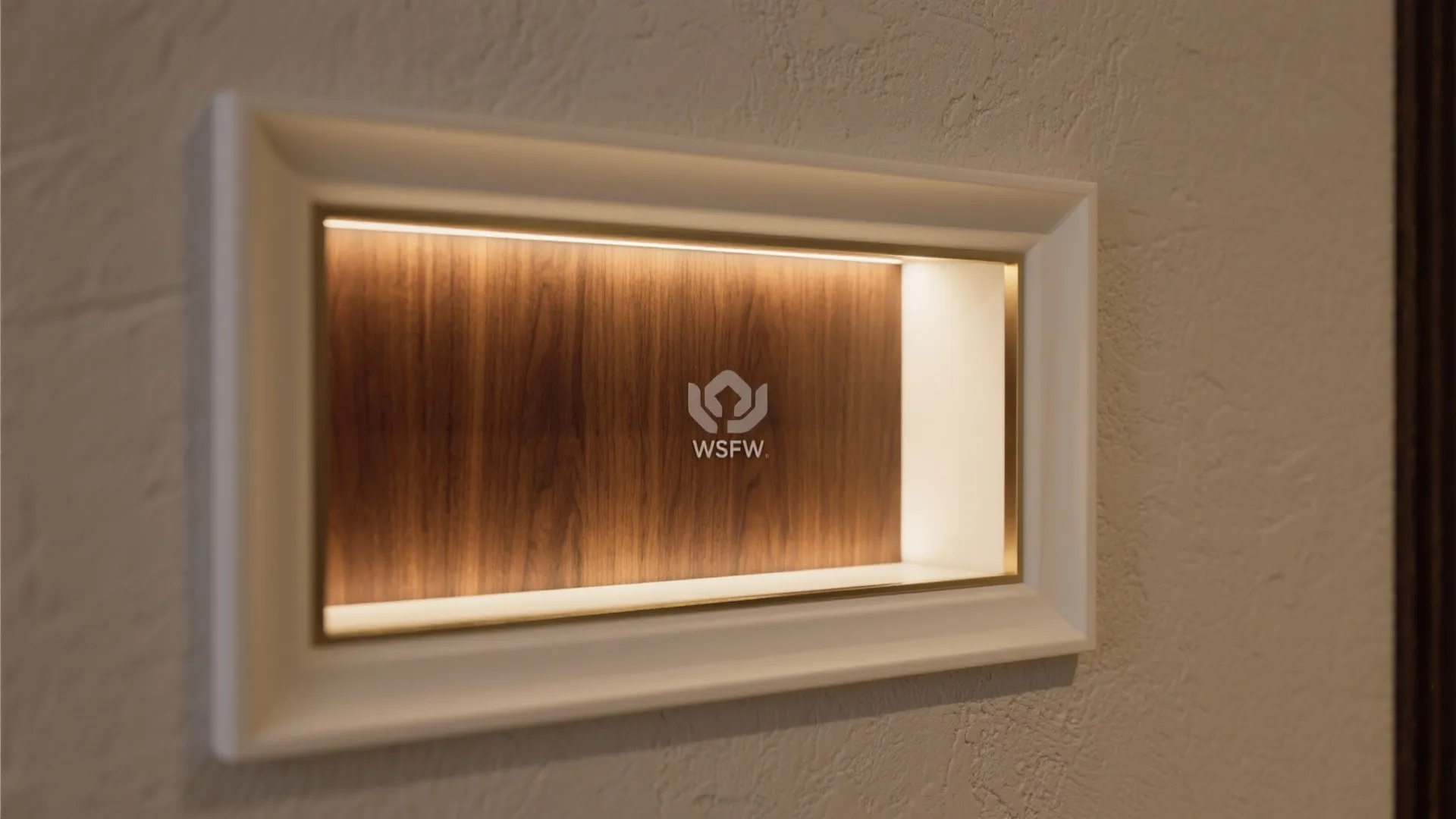 Close-up of a walnut-backed niche with soft LED lighting and crisp edges.
