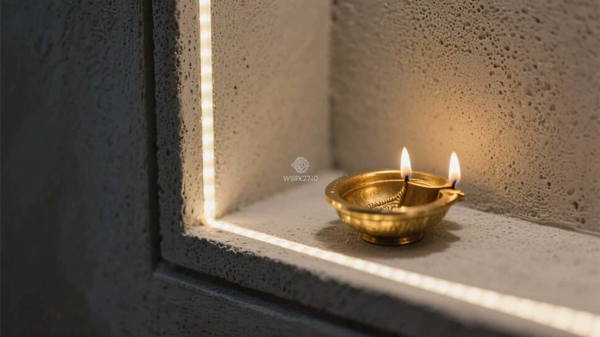 Close up of a small golden oil lamp with two flames inside a wall niche