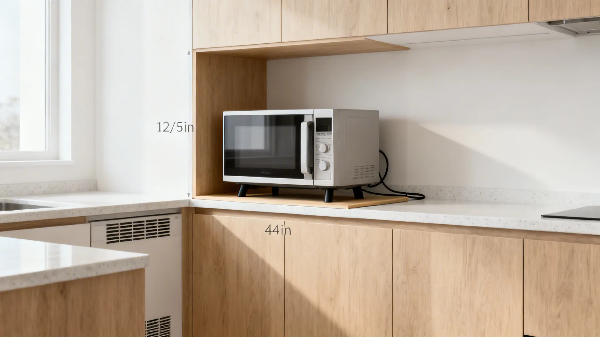 Minimalist counter niche at elbow height with a stand microwave and landing ledge.