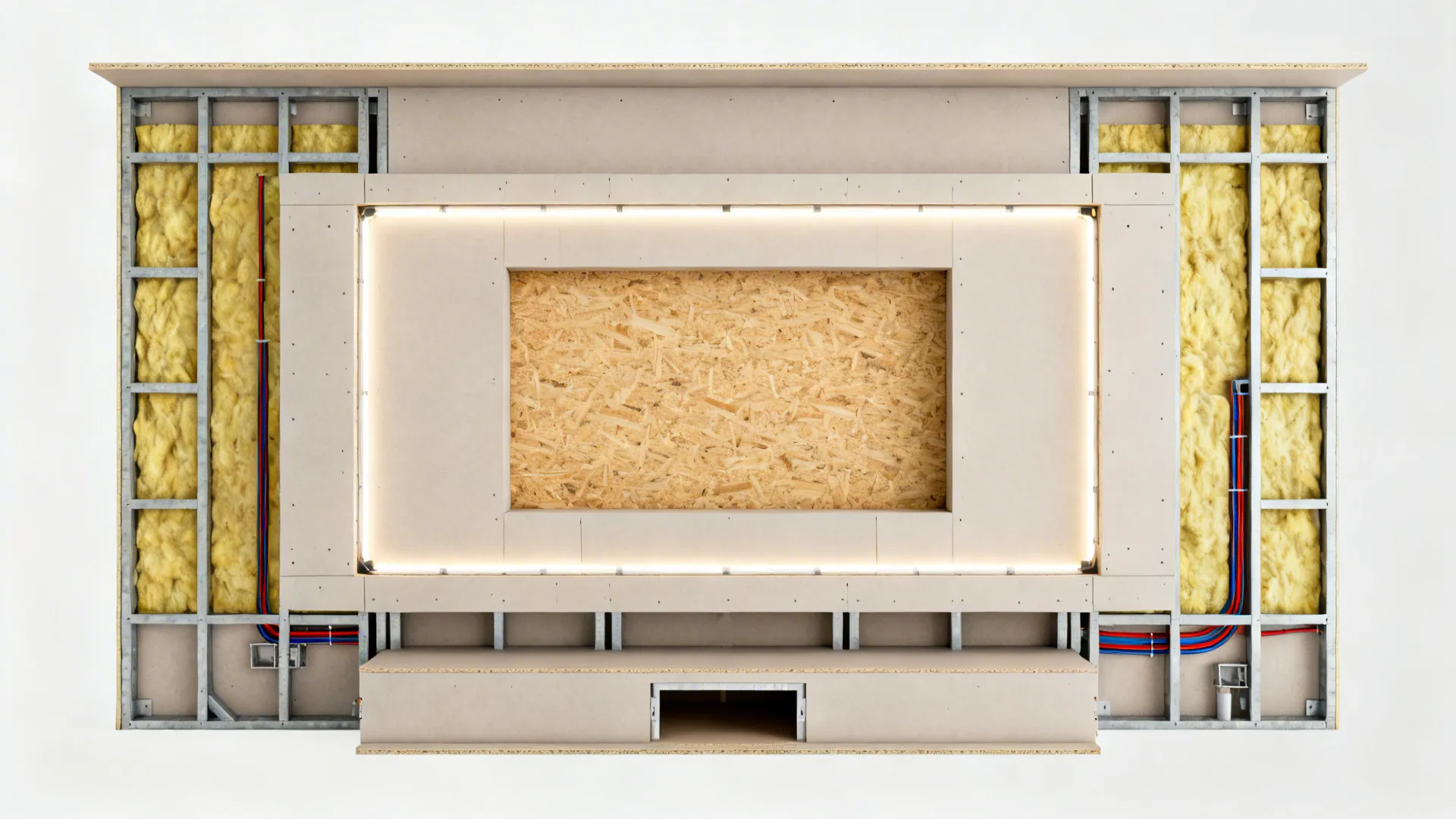 Interior design drawing showing wall frame with yellow insulation and hidden wires for a television