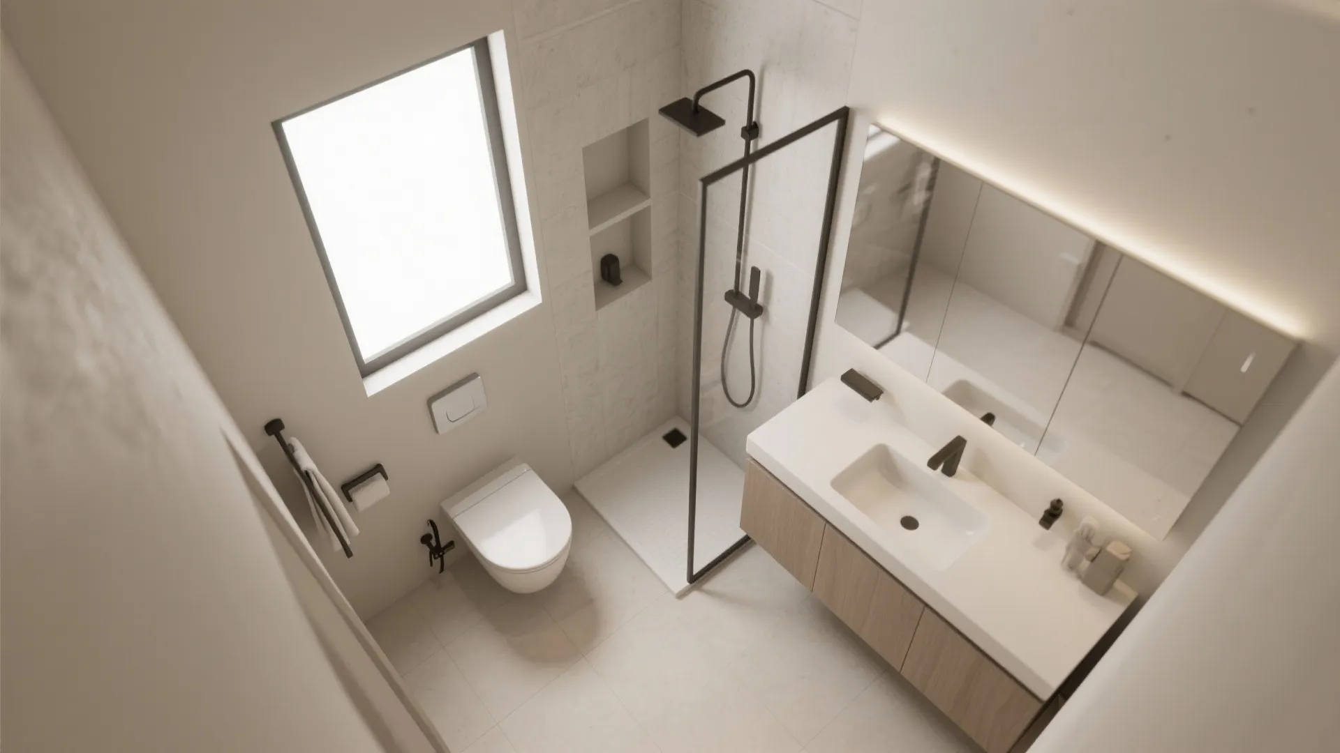 Modern bathroom interior design showing a white toilet walk-in shower sink mirror and large window